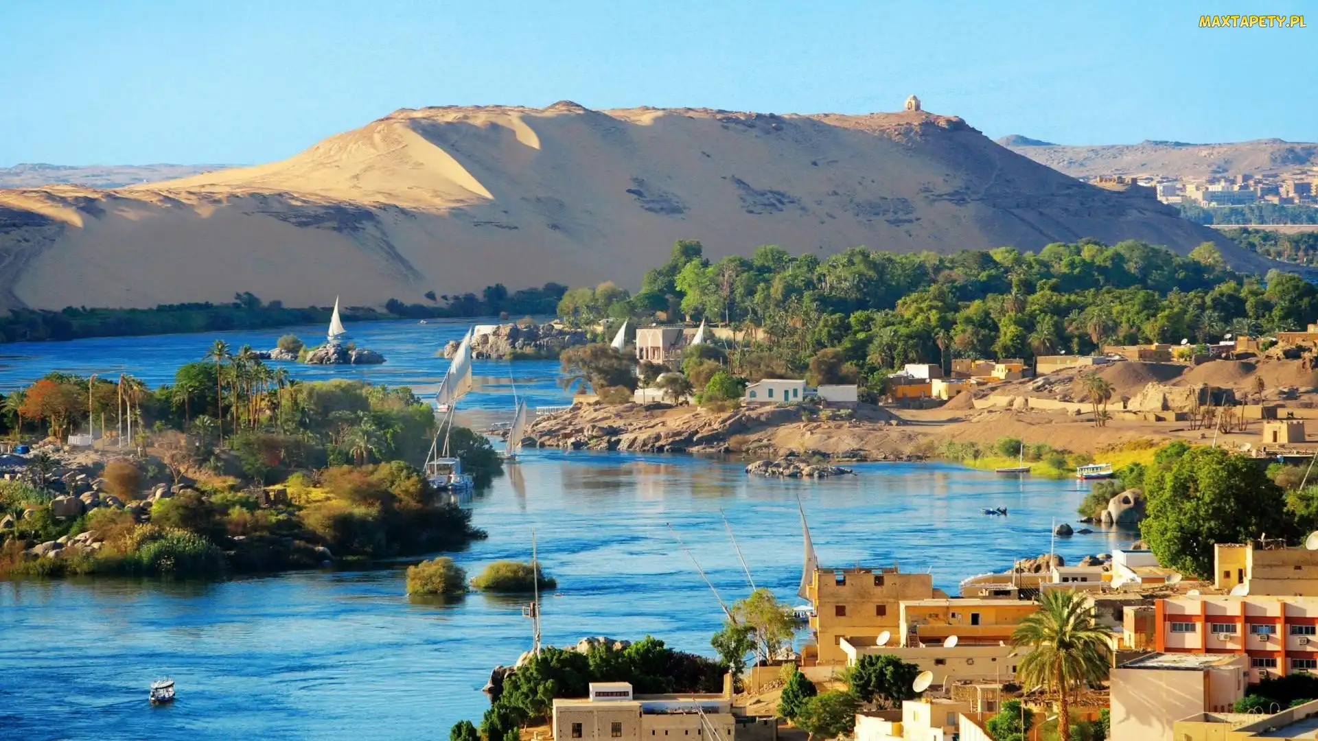 Łódki, Pustynia, Aswan, Drzewa, Rzeka, Egipt, Domy