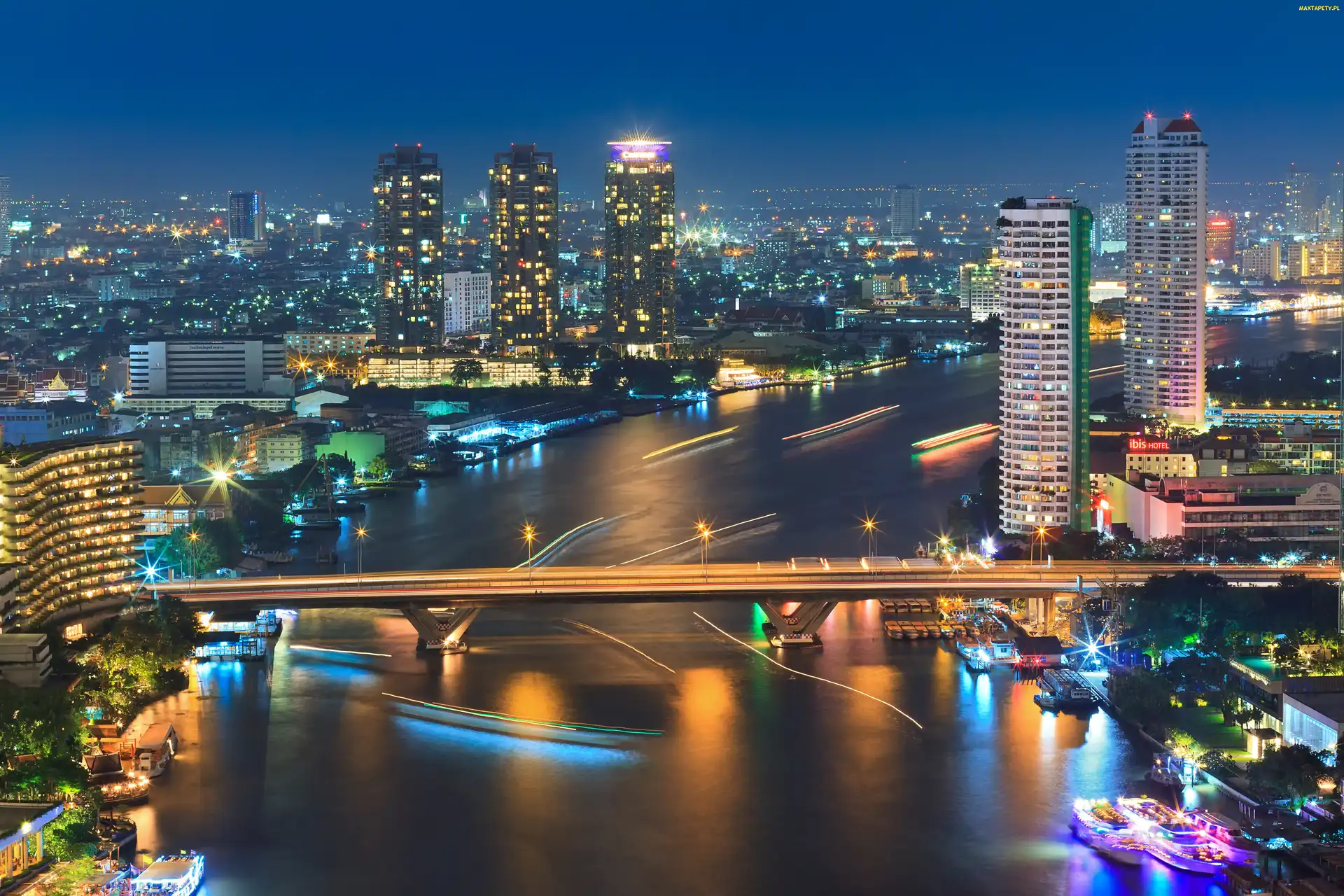 Most, Panorama, Rzeka, Wieżowce, Bangkok, Statki, Tajlandia, Miasta