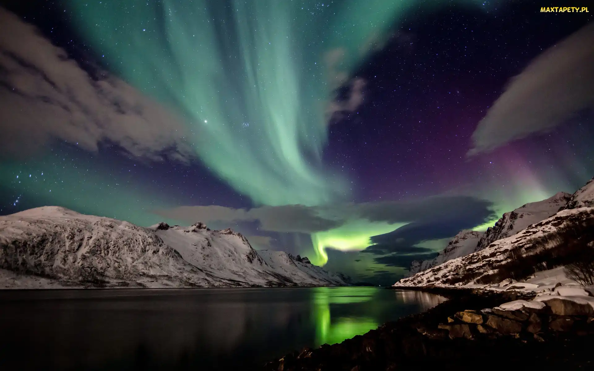 Góry, Noc, Polarna, Zorza, Islandia