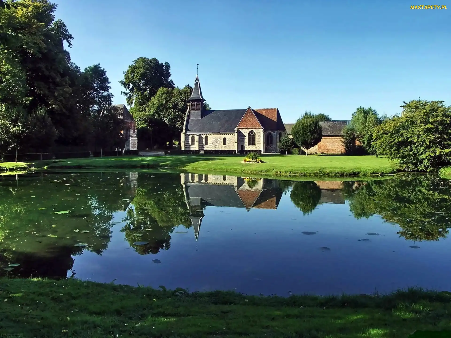 Światło, Przebijające, Staw, Park, Kościół, Domy