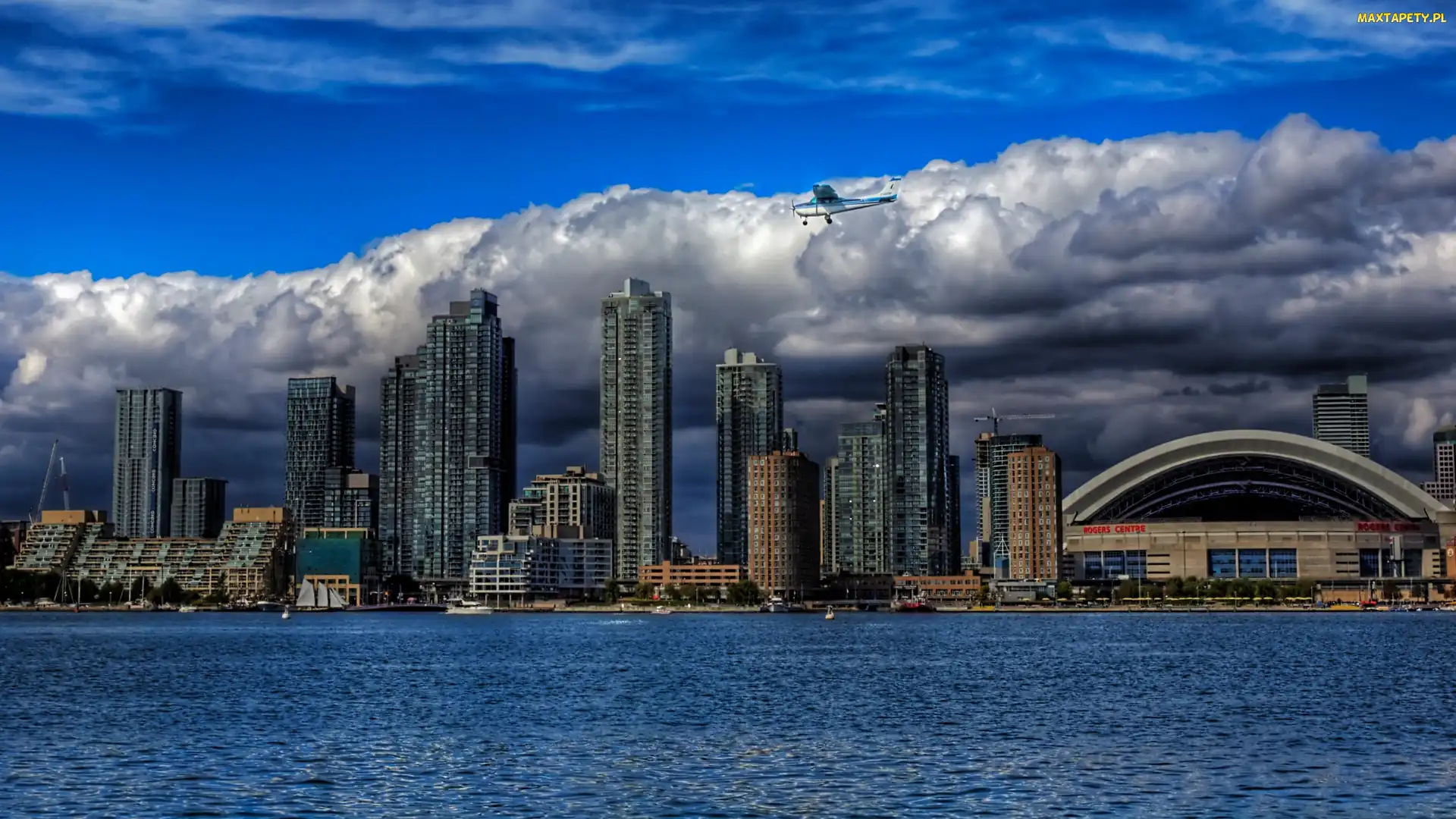Chmury, Jezioro, Toronto, Kanada, Drapacze Chmur, Awionetka