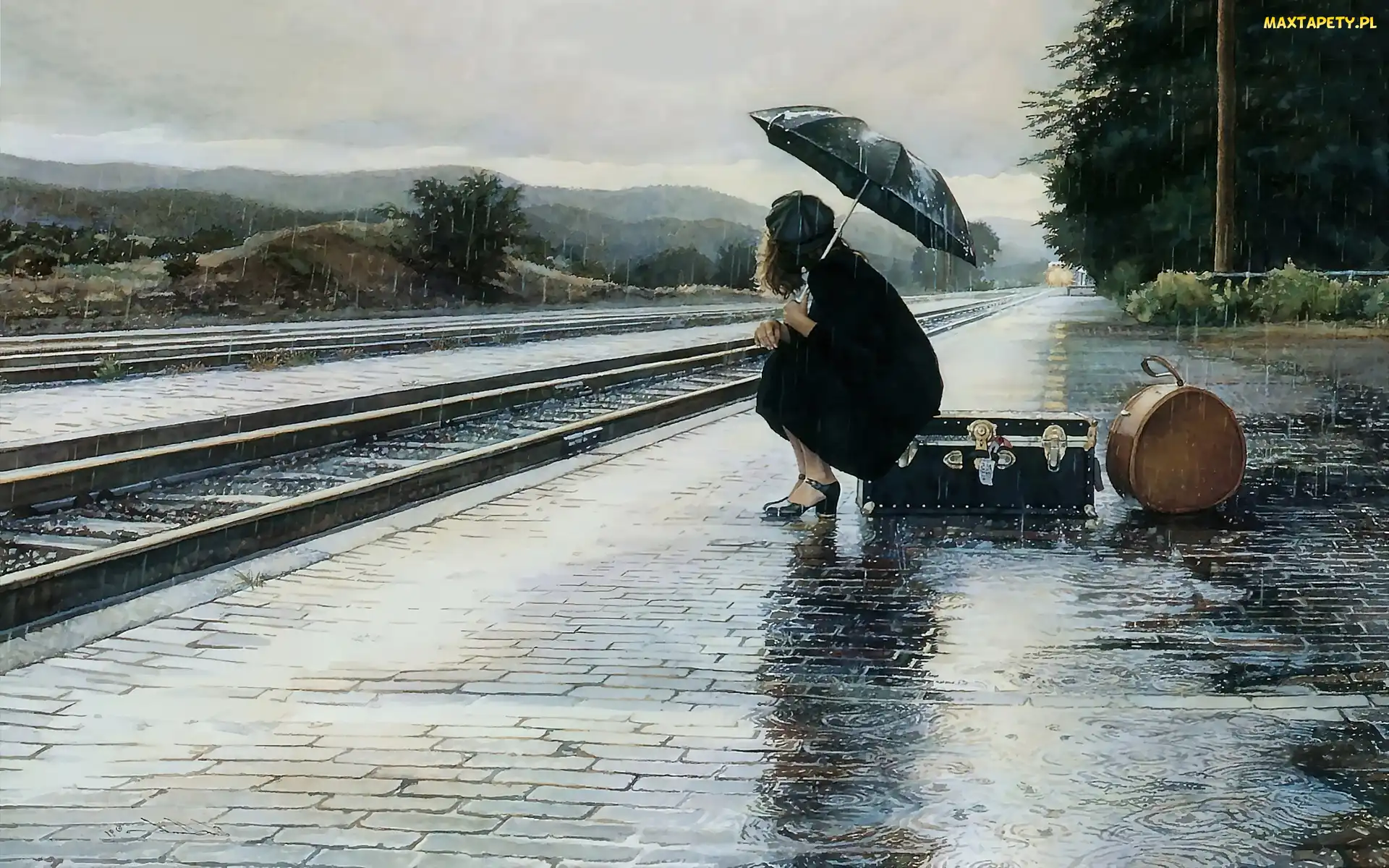 Parasol, Deszcz, Dziewczyna, Peron, Bagaże, Walizka