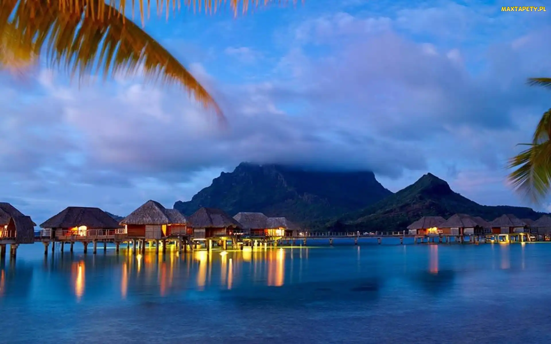 Palach, Palmy, Na, Domy, Ocean, Wyspa, Chmury, Bora Bora, Góry