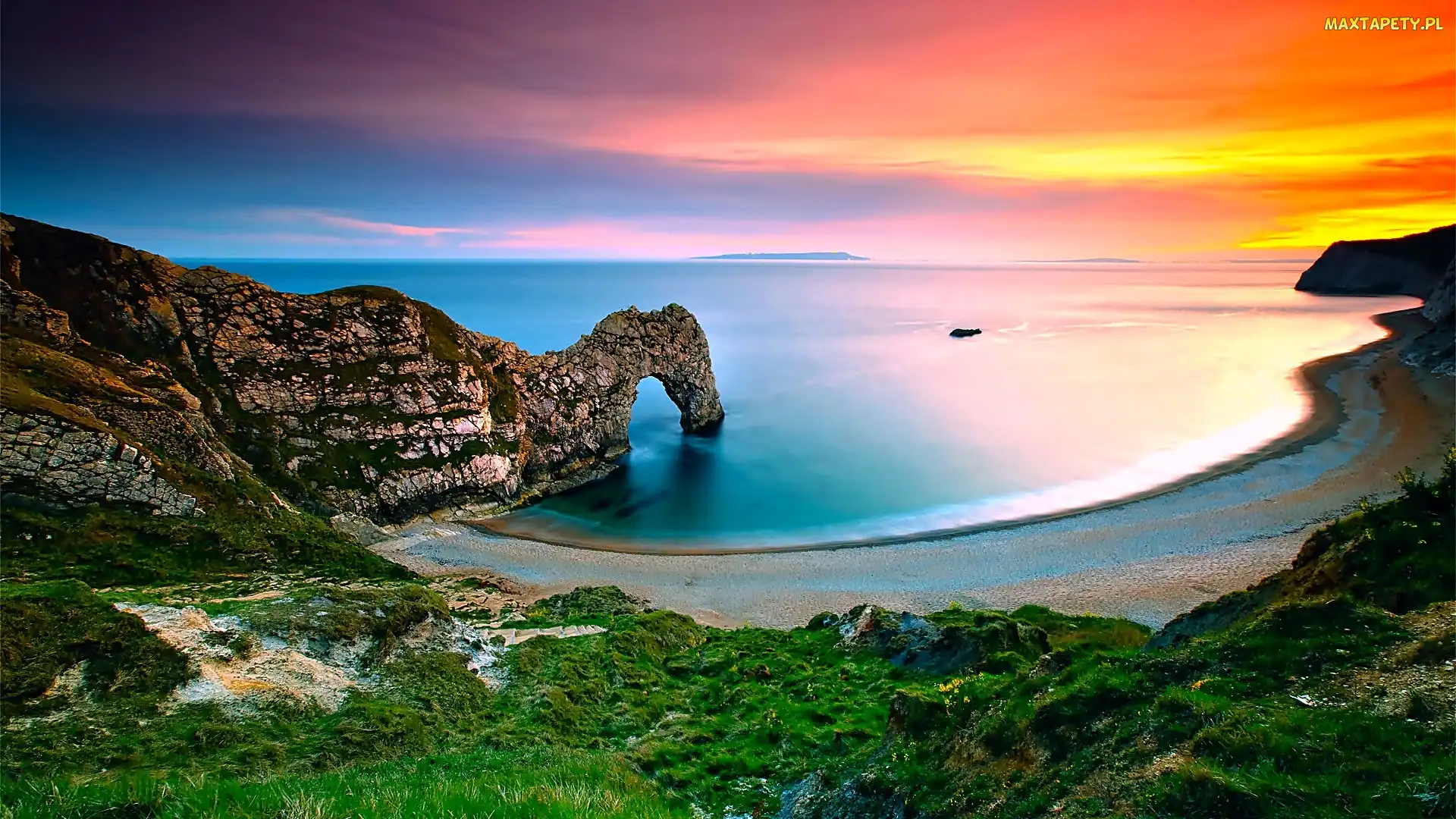 Plaża, Durdle Door, Wybrzeże Jurajskie, Skały, Zachód słońca, Anglia, Morze