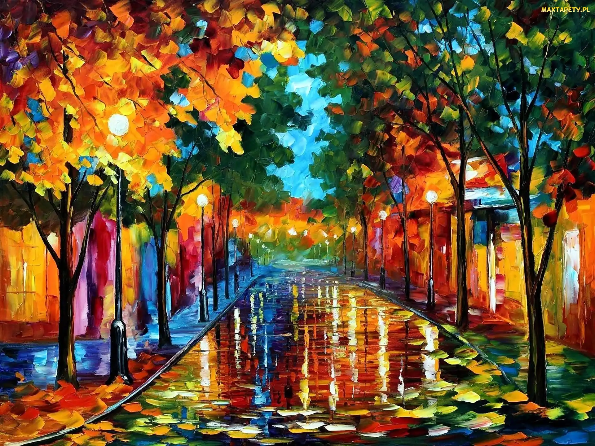 Domy, Drzewa, Afremov, Leonid, Ulica, Deszcz