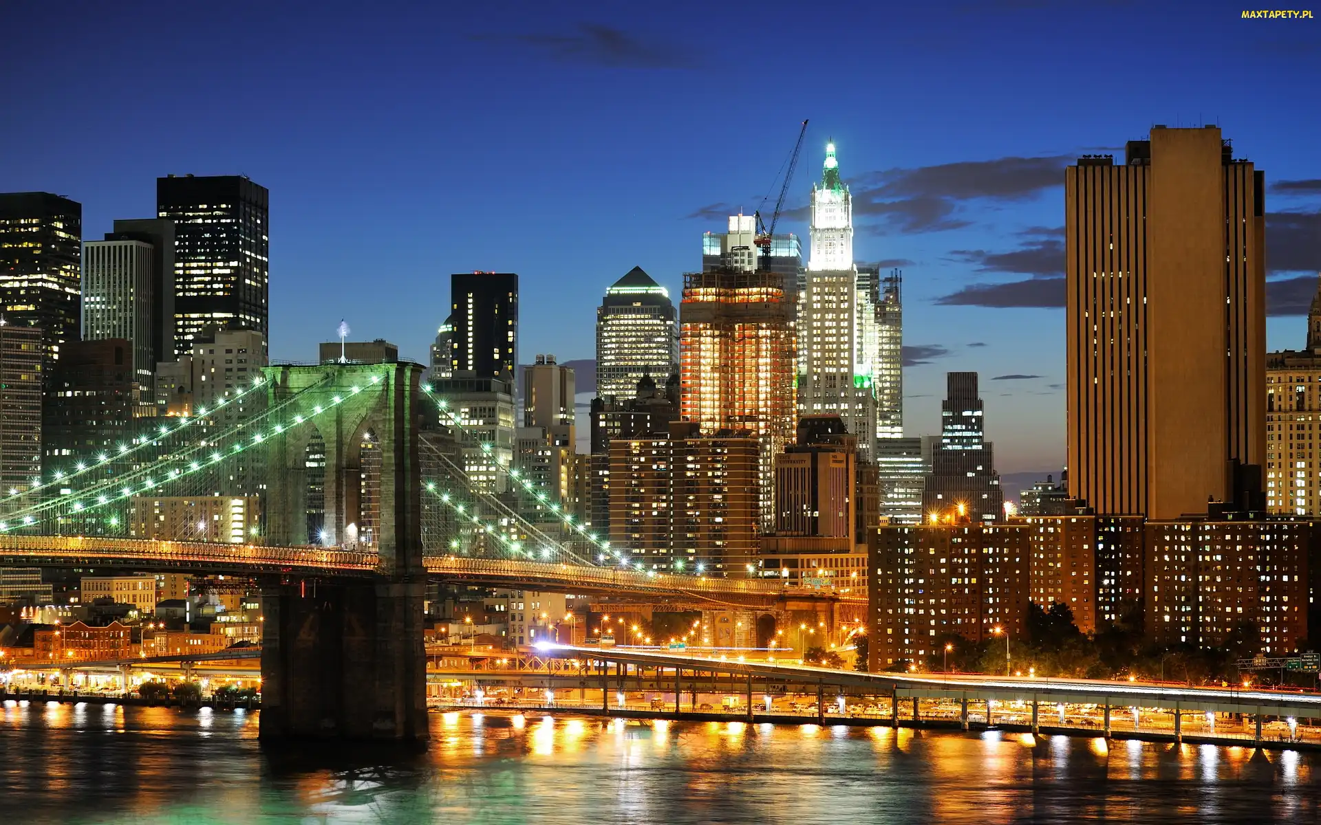 Manhattan, Miasta, York, Nowy, Brooklyn, Rzeka, Nocą, Most, Panorama