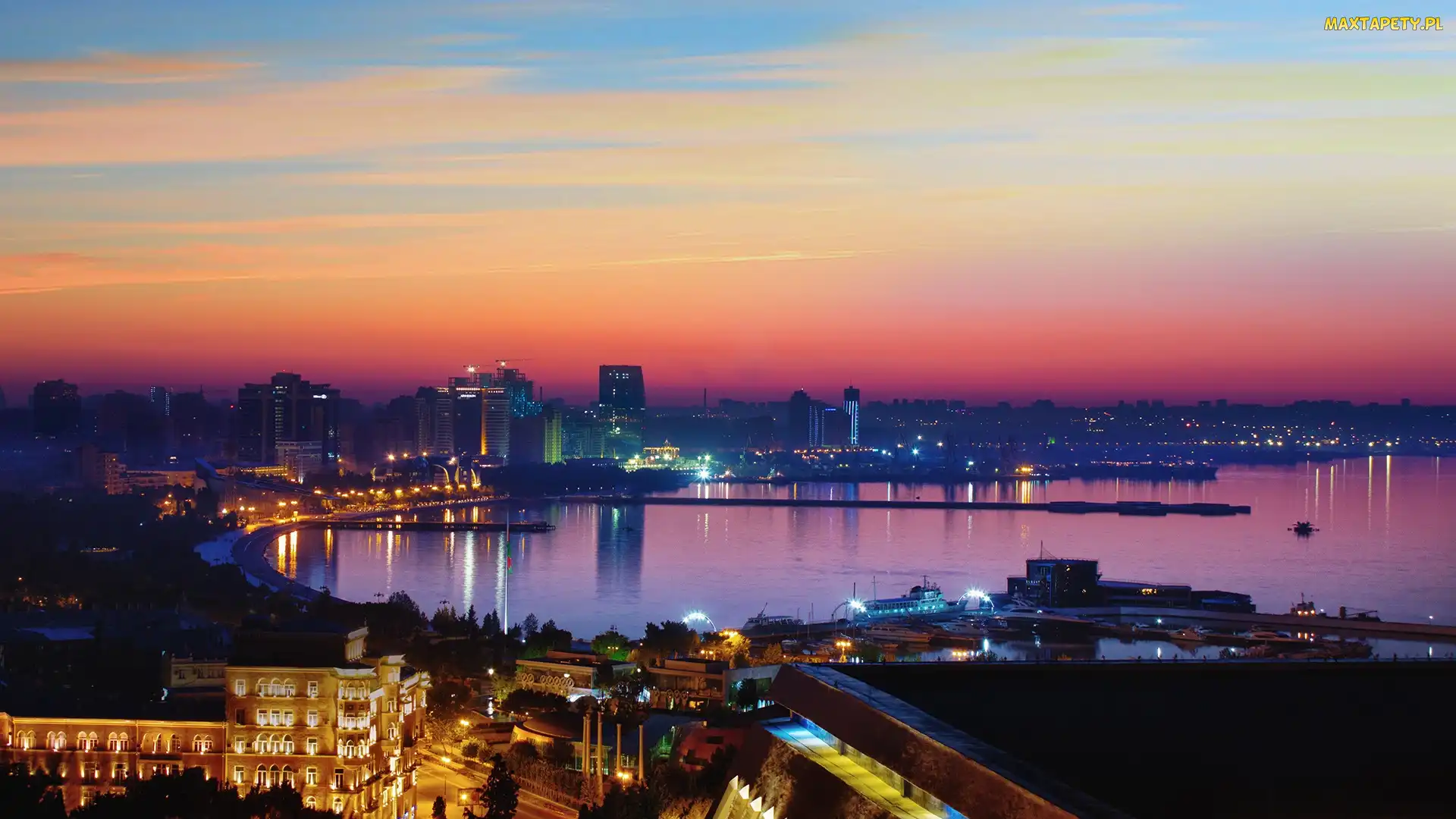 Morze, Port, Słońca, Panorama, Miasta, Wschód, Baku