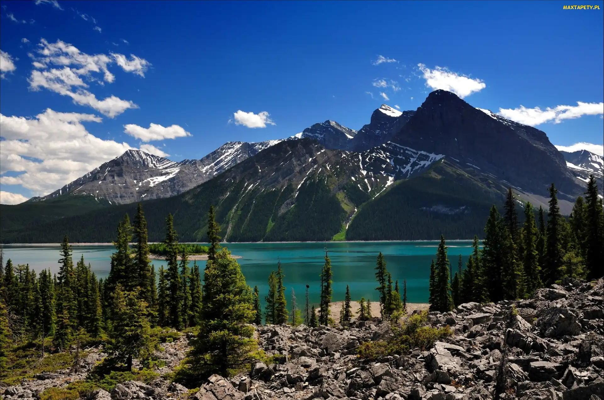 Jezioro, Kanada, Alberta, Drzewa, Góry