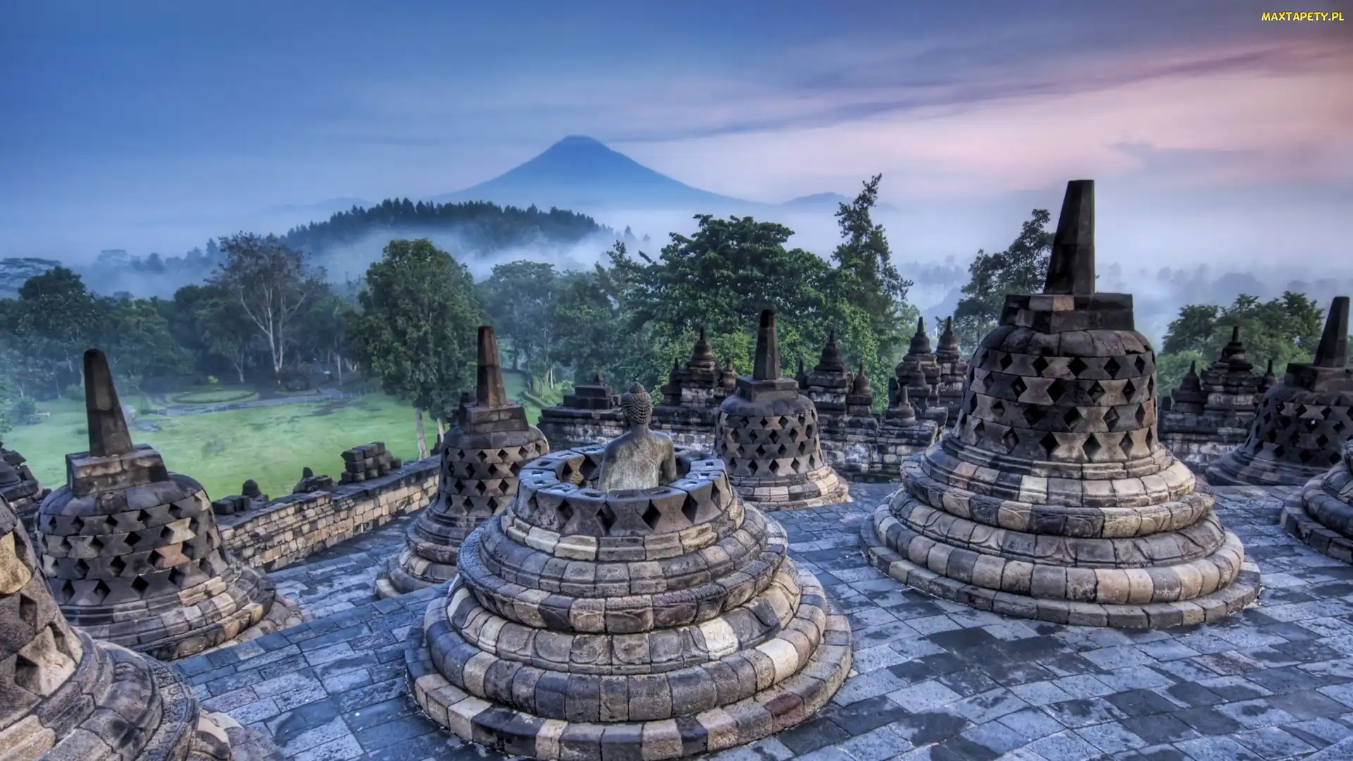 Góra, Dżungla, Pałac, Mgła, Posągi, Indonezja, Borobudur