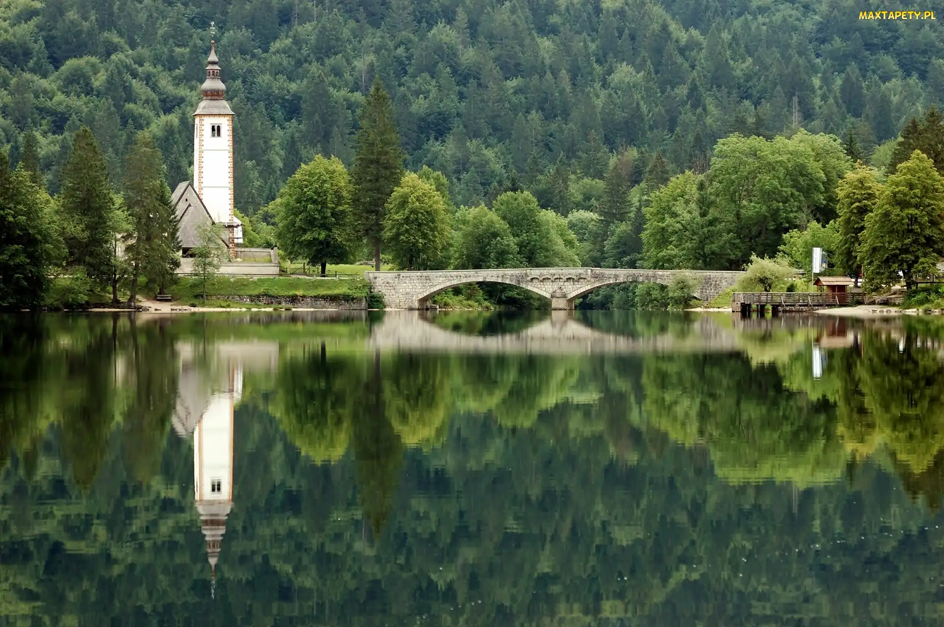 Jezioro, Odbicie, Most, Kościół, Las