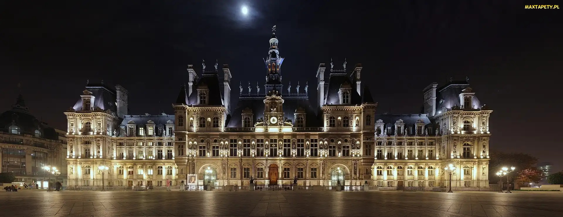 Światła, Noc, Paryż, Hotel de Ville, Francja, Panorama