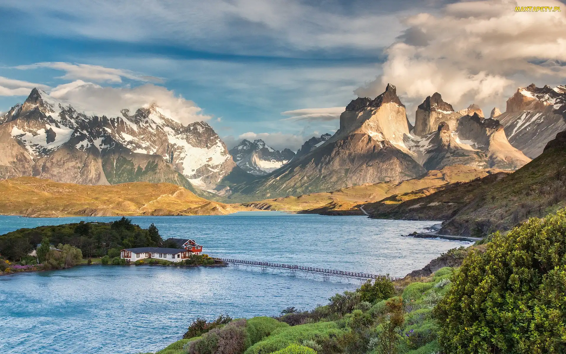Patagonia, Góry, Wyspa, Chile, Most, Jezioro, Domy