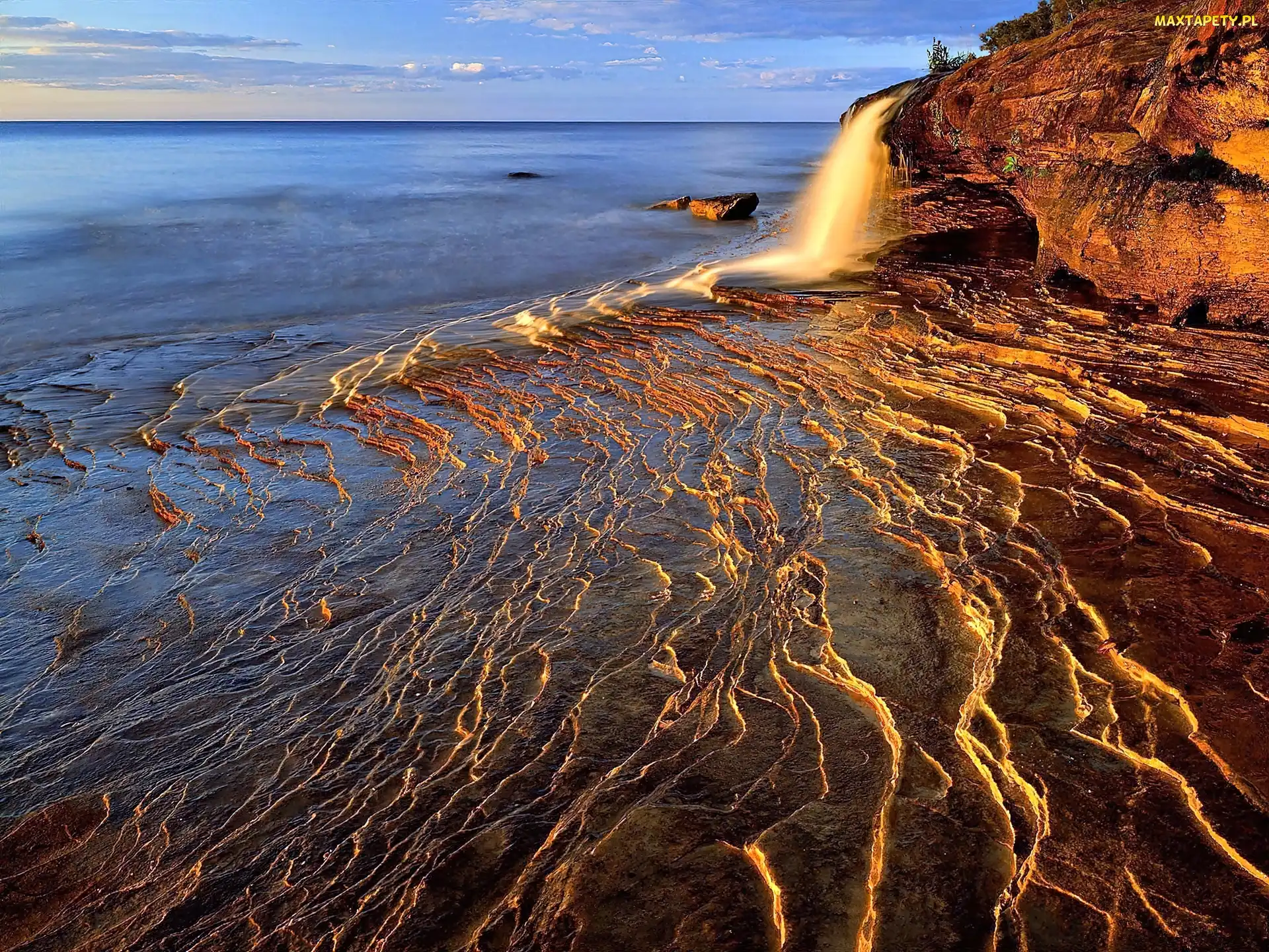 Słońca, Zachód, Górne, Michigan, Wodospad, Jezioro, Skały