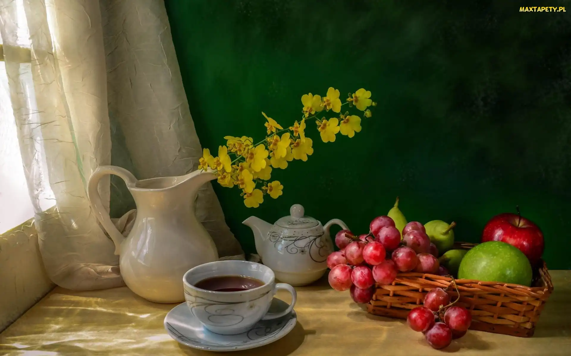 Jabłka, Winogrona, Herbaty, Kompozycja, Kwiaty, Filiżanka, Dzbanek