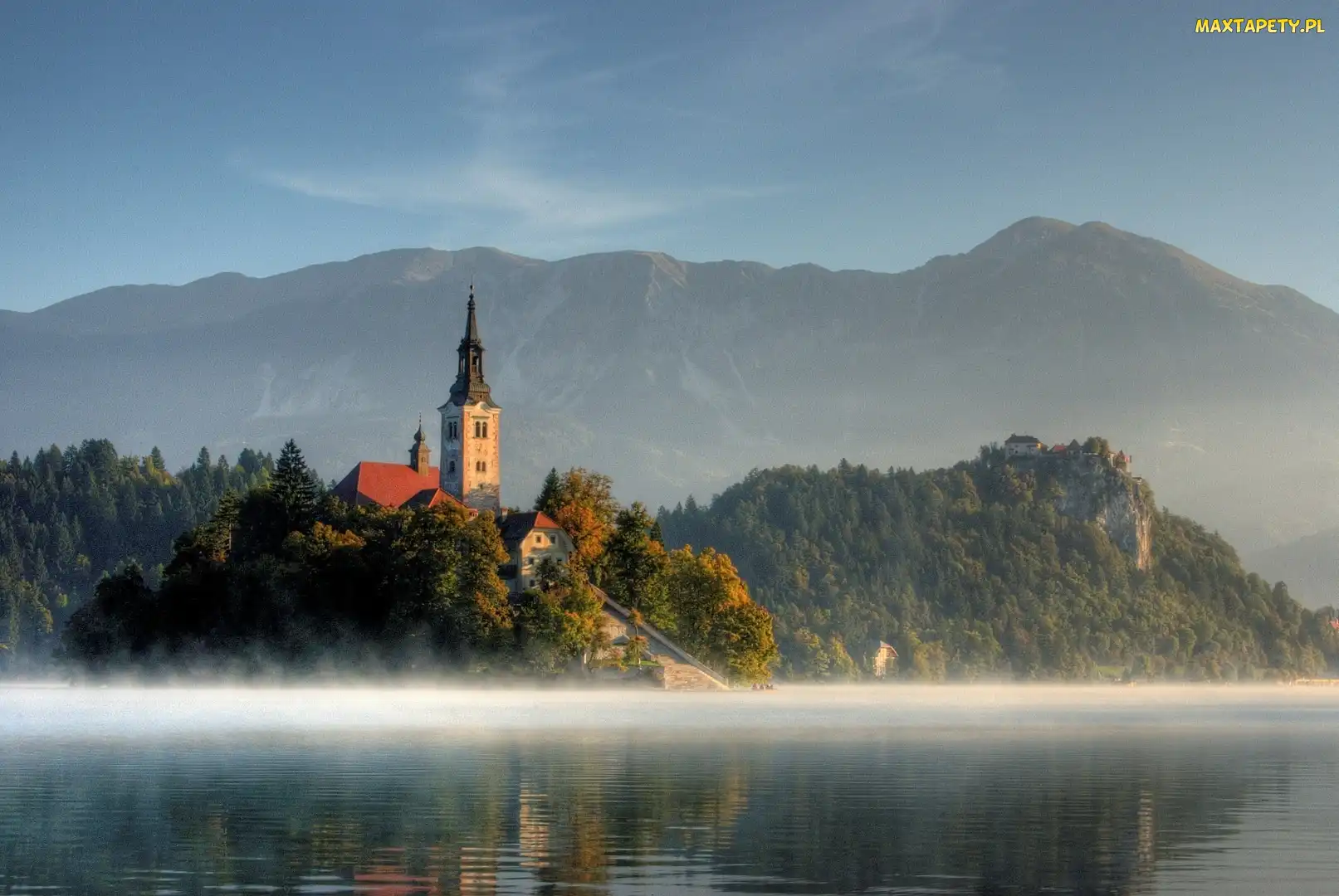 Słowenia, Bled, Góry, Kościół, Mgła, Jezioro