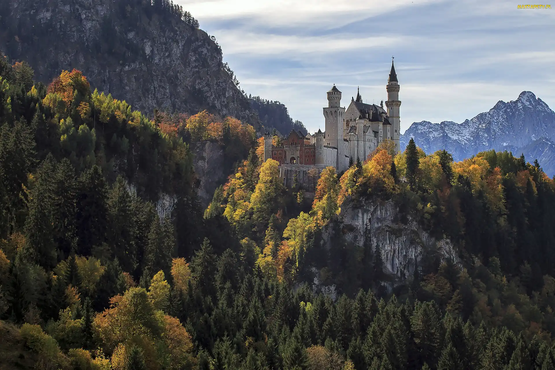 Góry, Lasy, Neuschwanstein, Niemcy, Zamek, Jesień