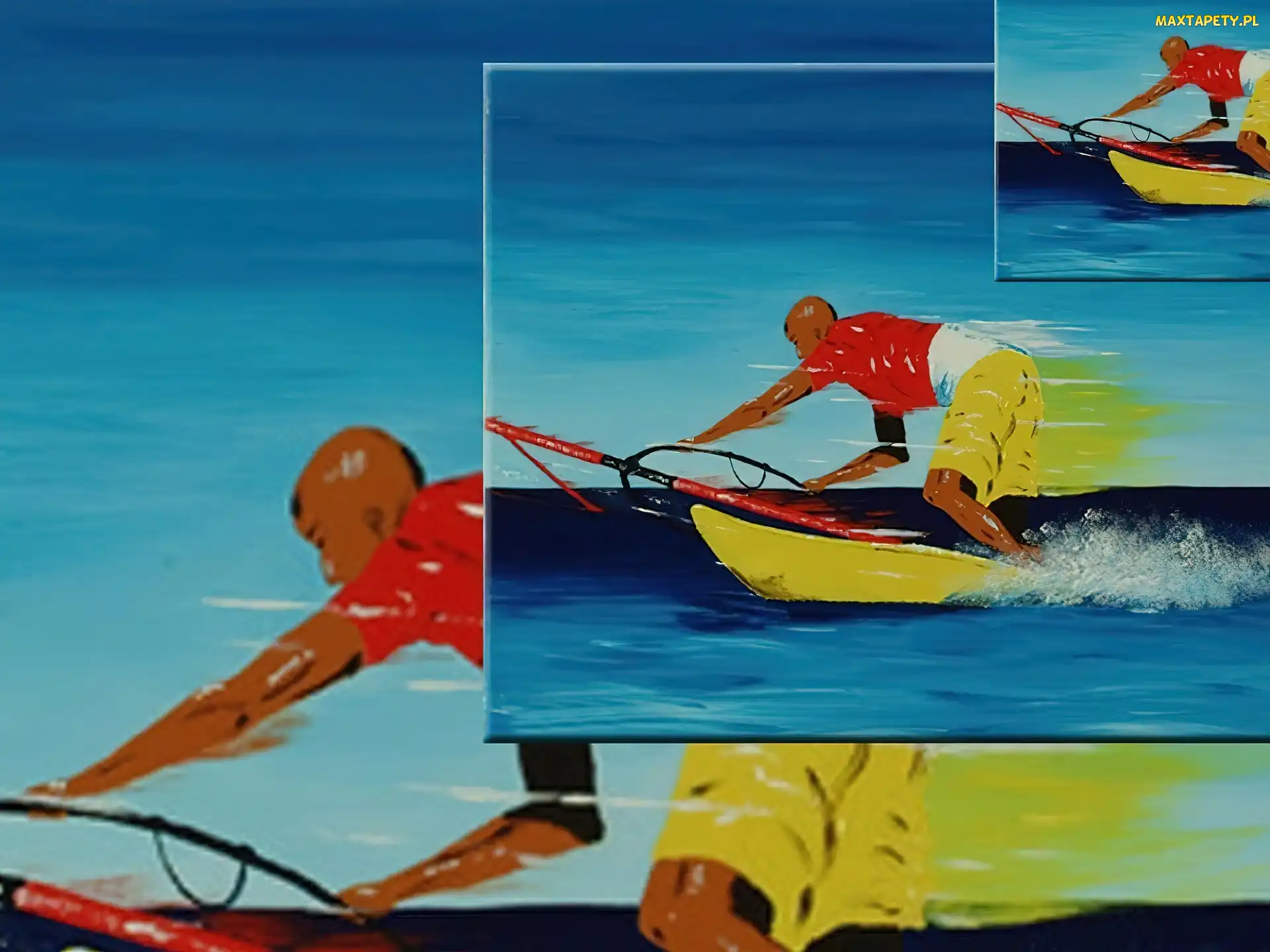deska, żółte spodenki, morze, żagiel , Windsurfing