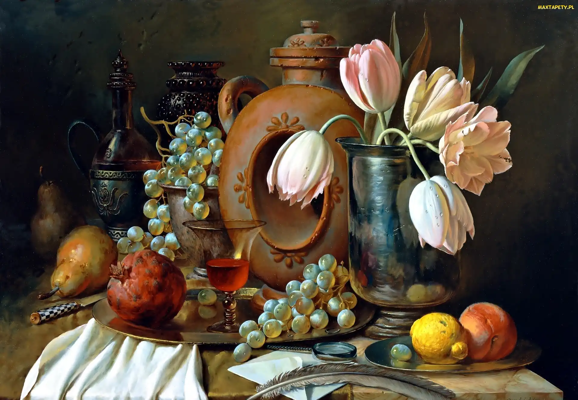 Obraz, Owoce, Malarstwo, Tulipany, Gruszka, Kompozycja, Winogrona, Granat