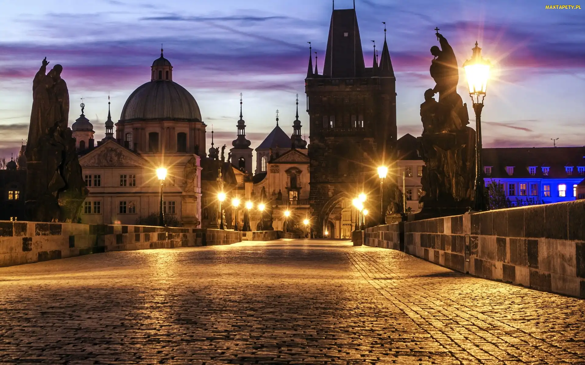 Czechy, Praga, Most, Oświetlony, Karola, Domy