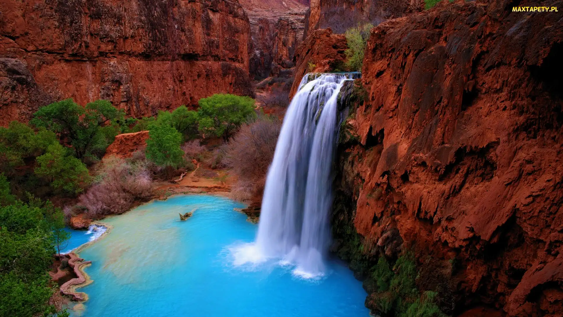 Wodospad, Drzewa, Arizona, Skały, Havasu