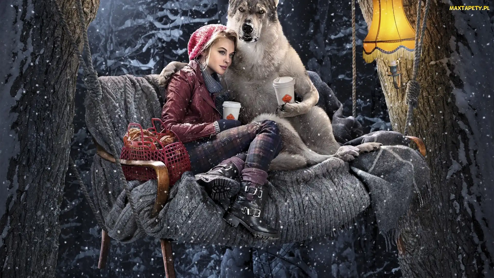 Lampa, Ławka, Dziewczyna, Fantasy, Wilk, Zima