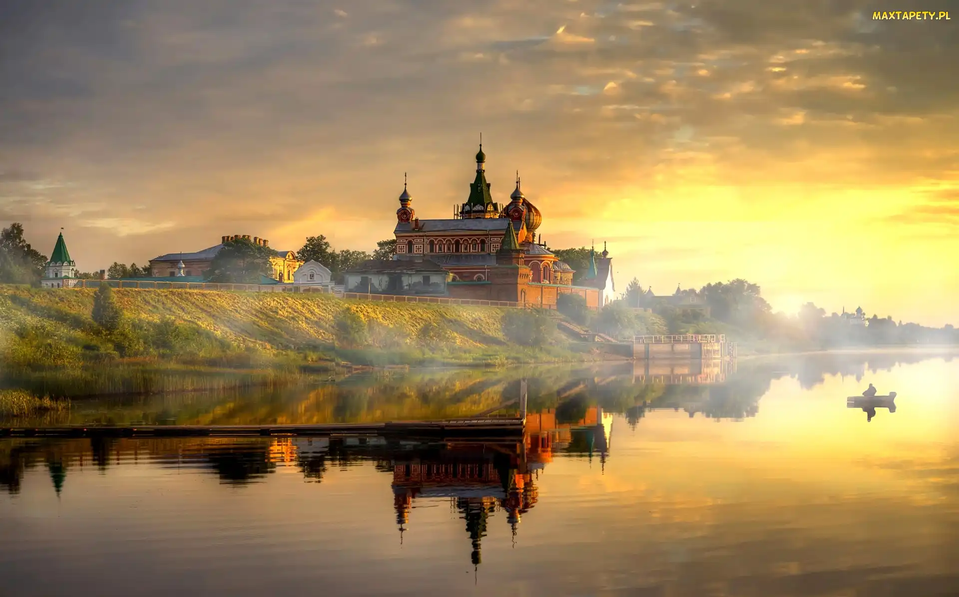Zachód, Cerkiew, Mgła, Słońca, Jezioro