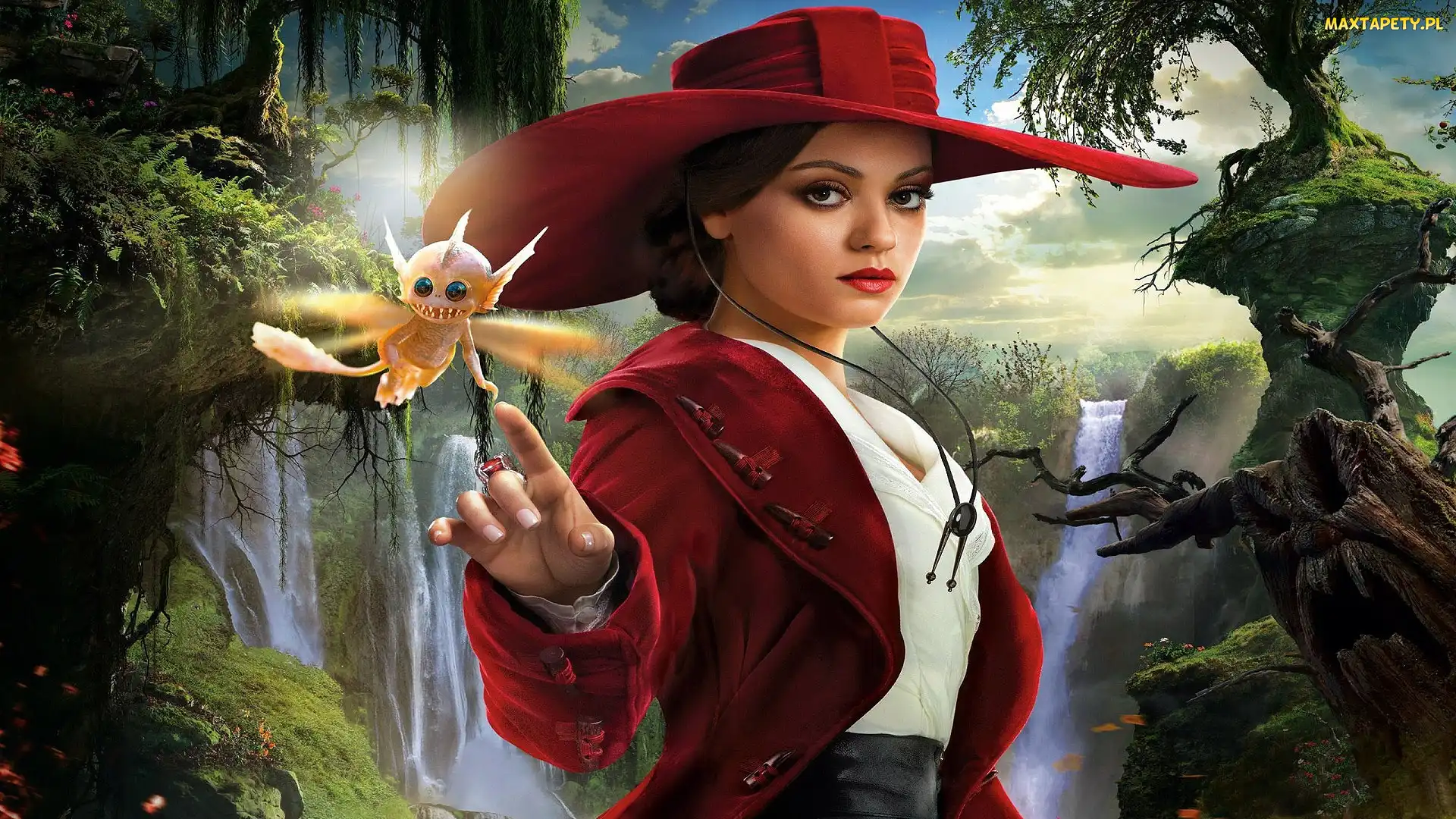 Góry, Kapelusz, Fantasy, Wodospady, Czerwony, Grafika, Dziewczyna