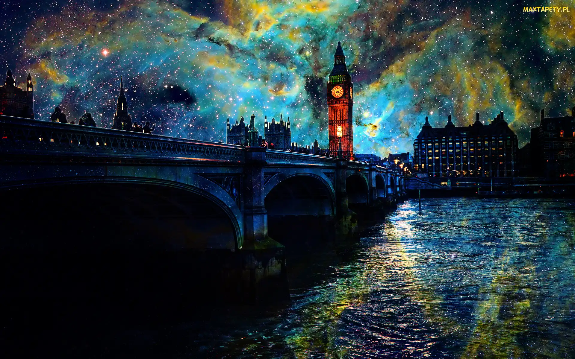 Londyn, Rzeka, Big Ben, Most, Grafika