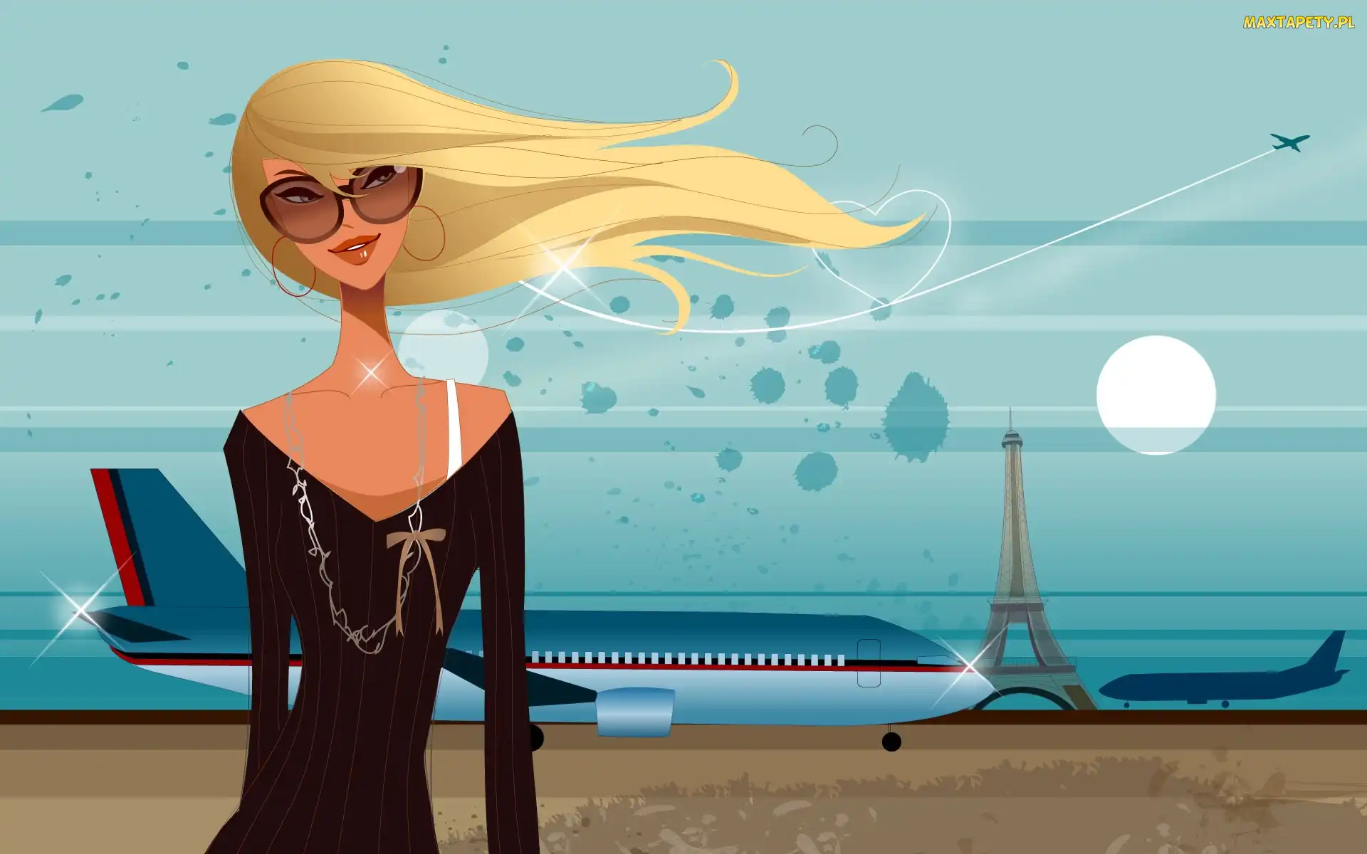 Blondynka, Grafika, Samolot, Styl, Okulary, Lotnisko, Moda