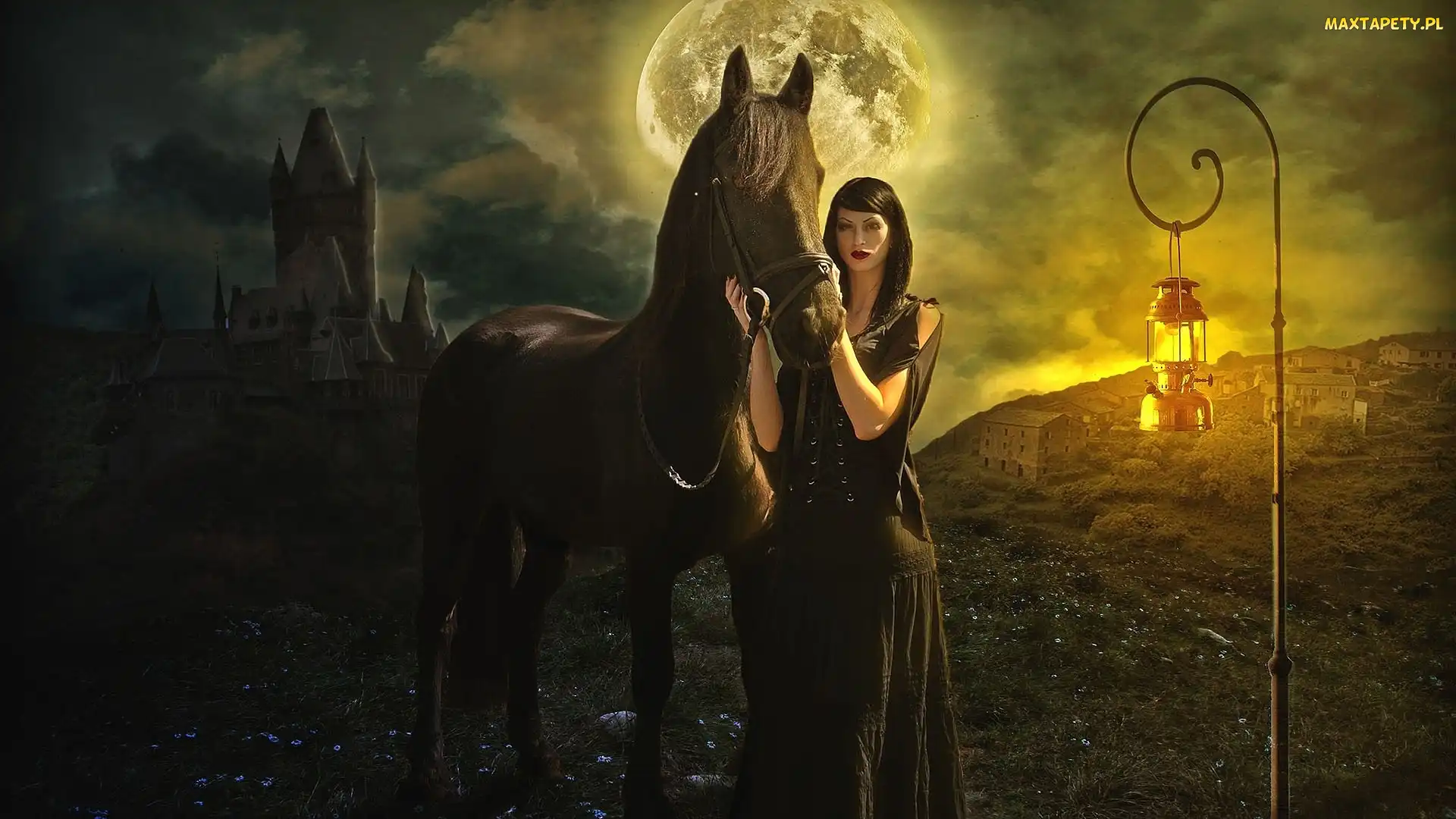Księżyc, Zamek, Brunetka, Lampa, Domy, Fantasy, Koń