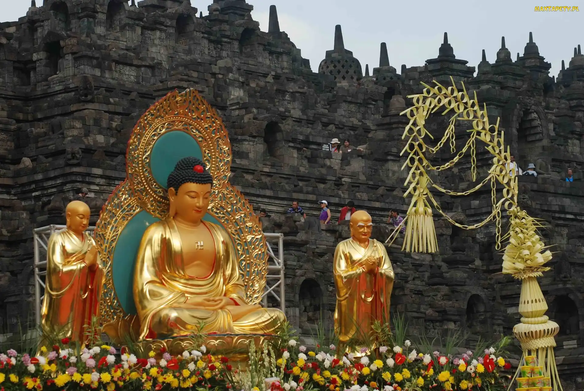 Borobudur, Kwiaty Pałac, Ludzie, Posągi, Indonezja
