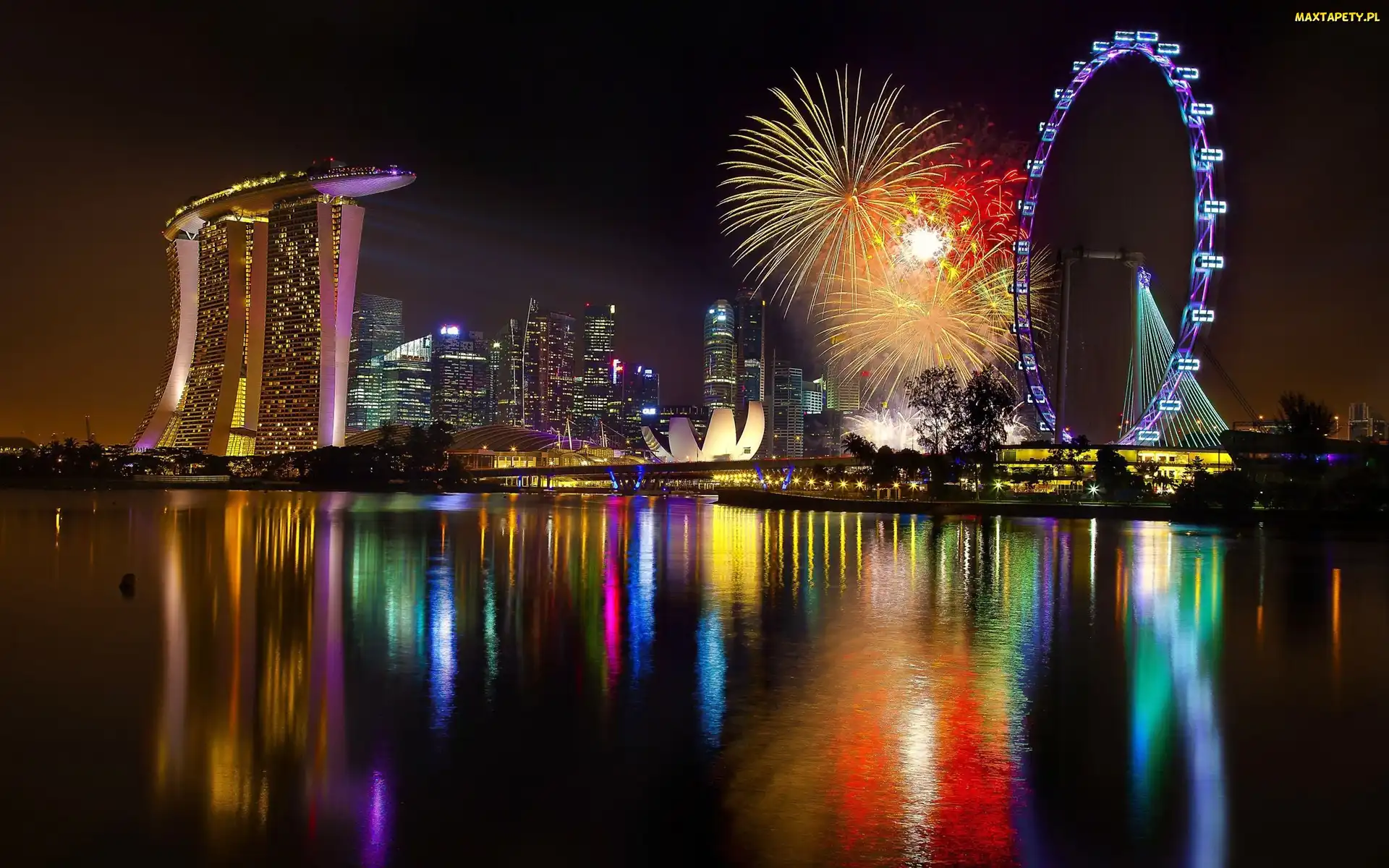 Marina Bay Stands, Hotel, Nocą, Miasteczko, Fajerwerki, Singapur, Wesołe