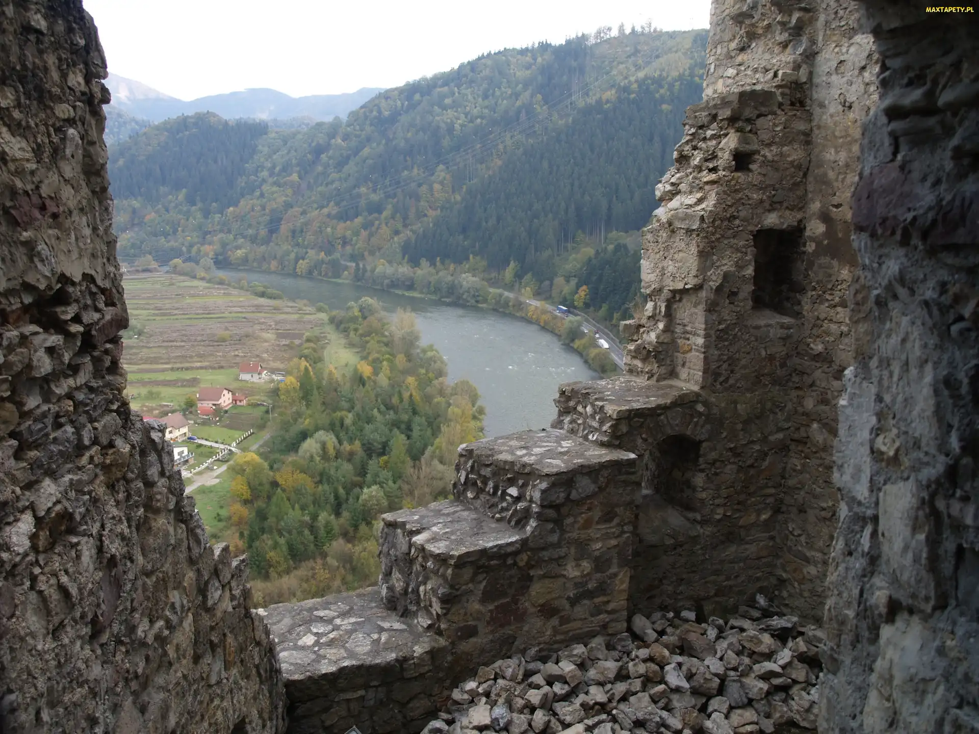 Domy, Las, Zamku, Fragment, Góry, Rzeka