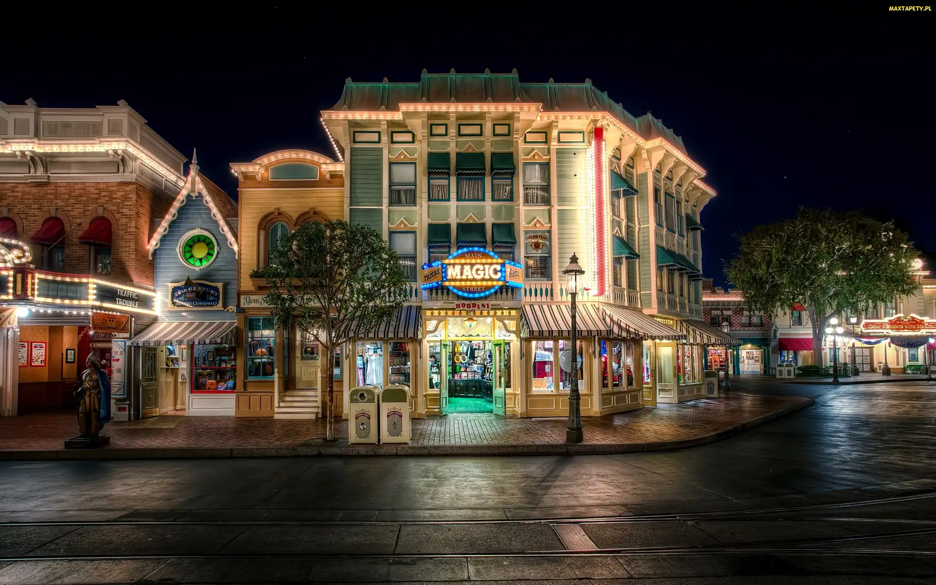 Kalifornia, Disneyland, Noc, USA, Ulica, Miasto, Budynki