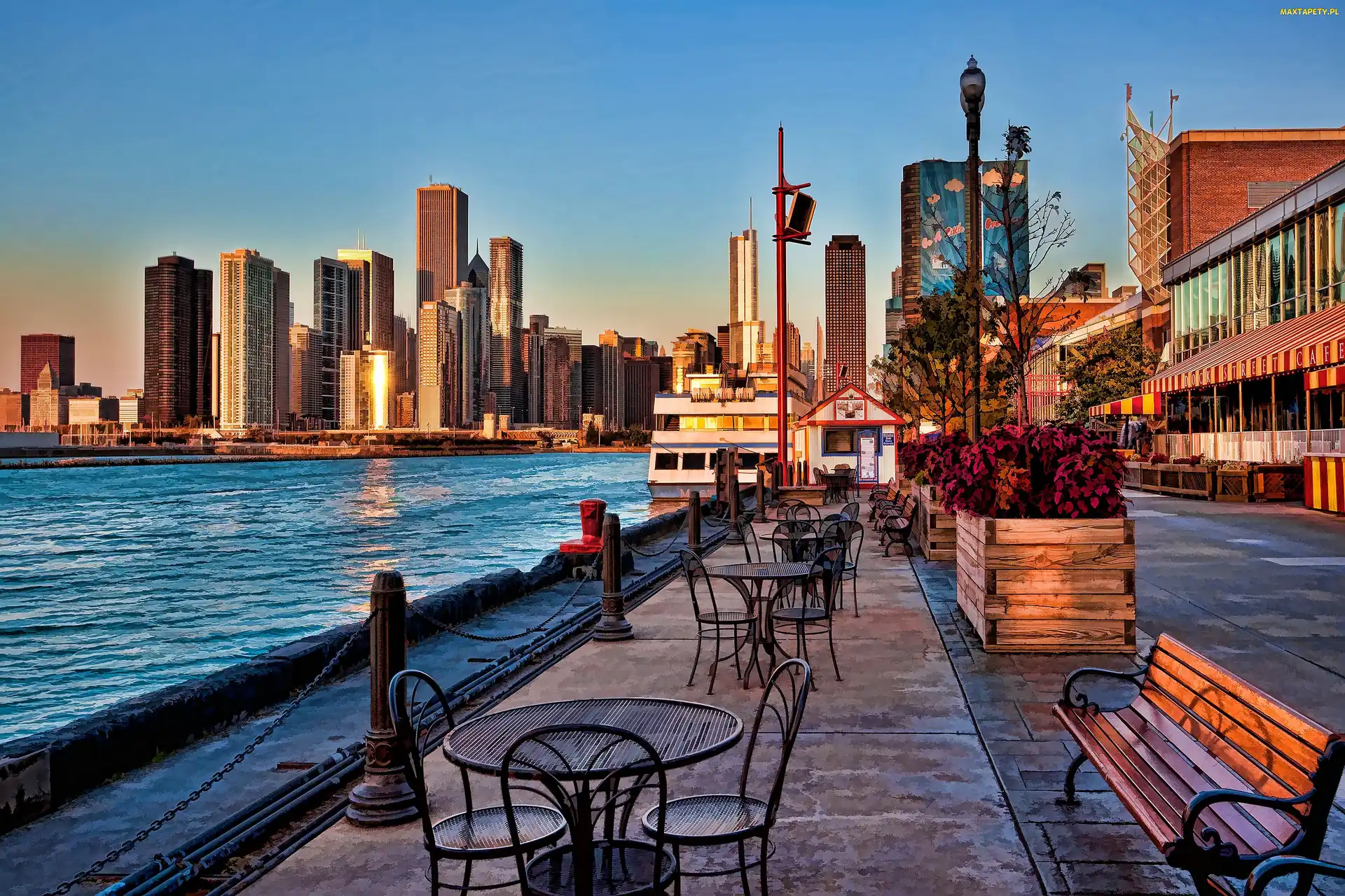 Bulwar, USA, Chicago, Stoliki, Wieżowce