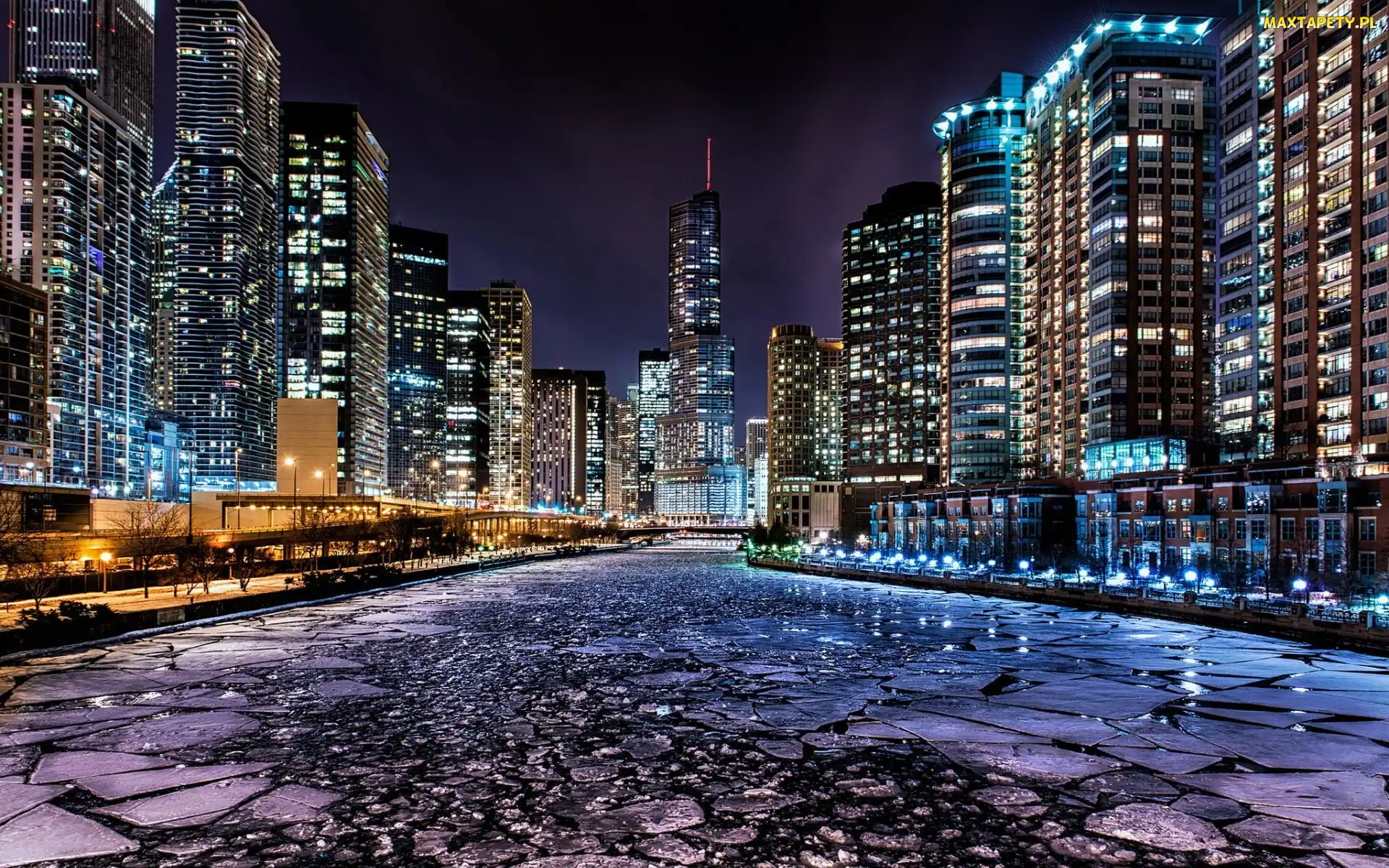 Chicago, Rzeka, Noc, Miasto, Stany Zjednoczone
