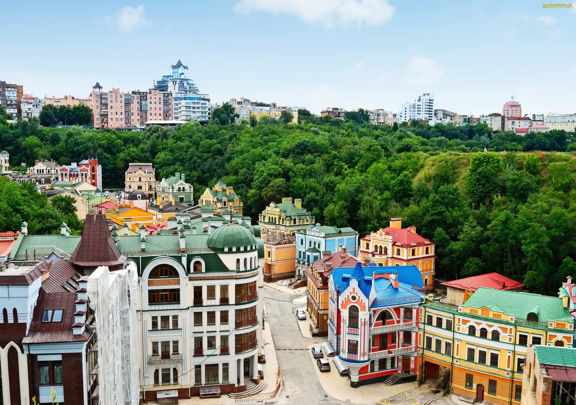 Domy, Ukraina, Ulica, Drzewa, Kolorowe