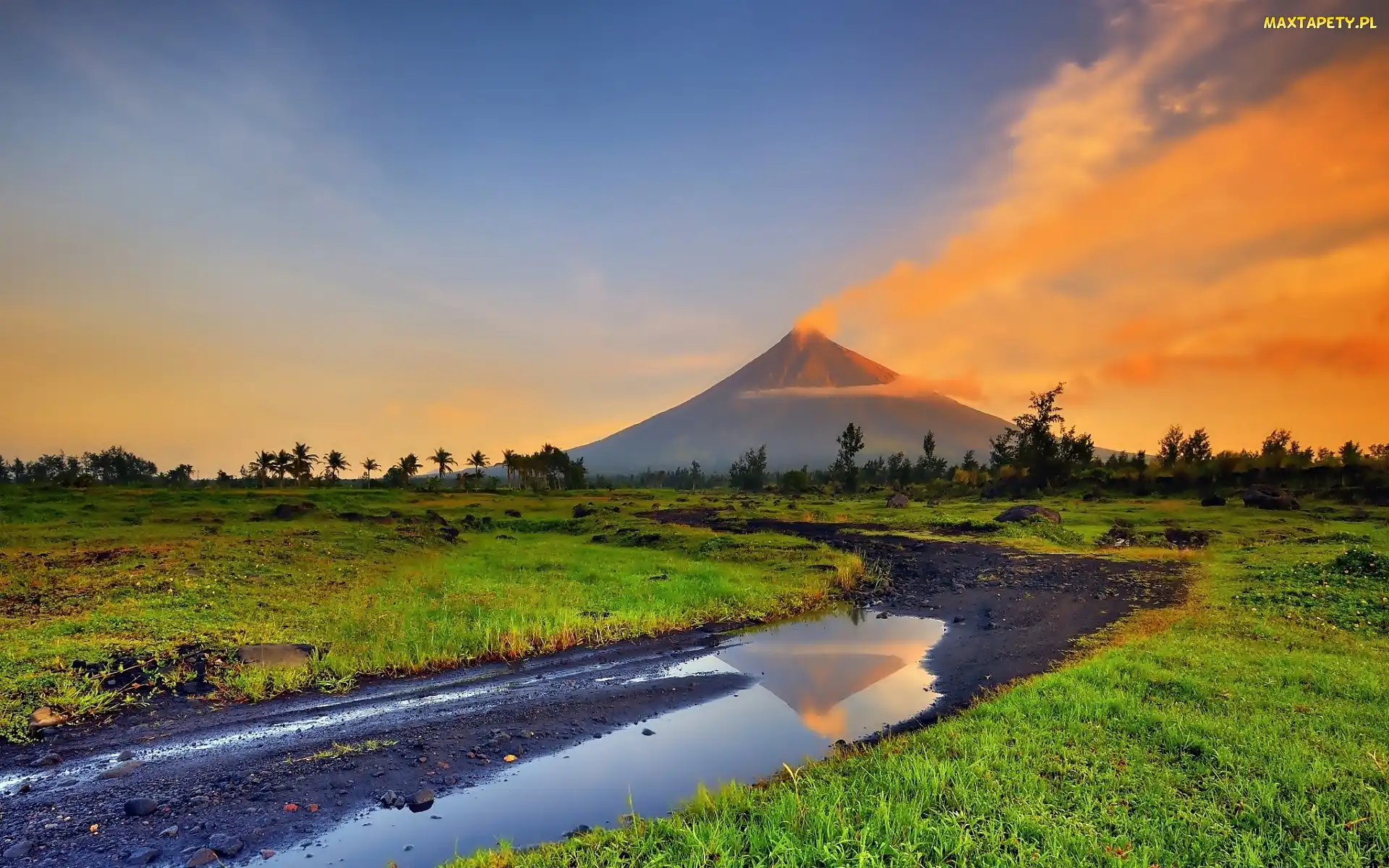 Wulkan, Mayon, Słońca, Rzeczka, Zachód, Park
