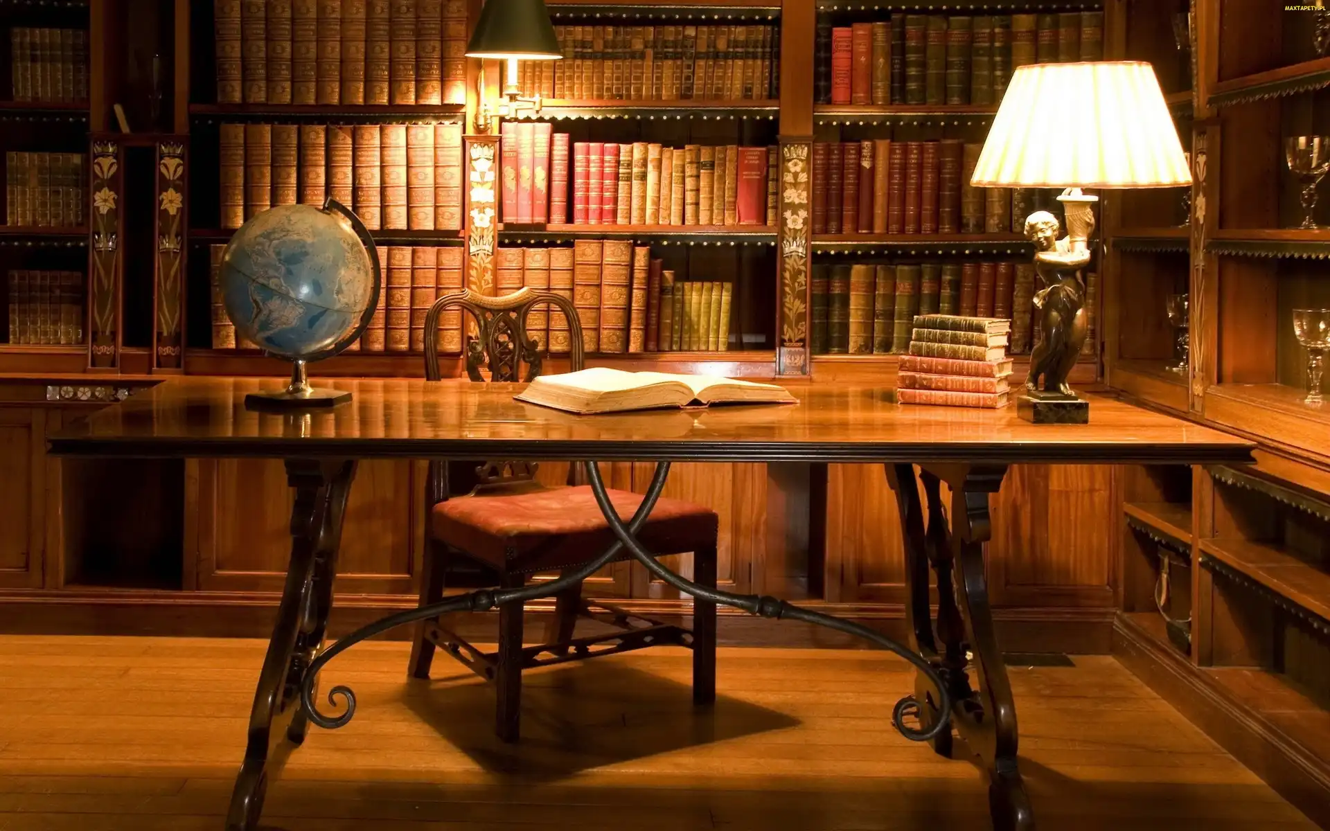 Biblioteka, Oświetlenie, Biurko, Lampa, Książki