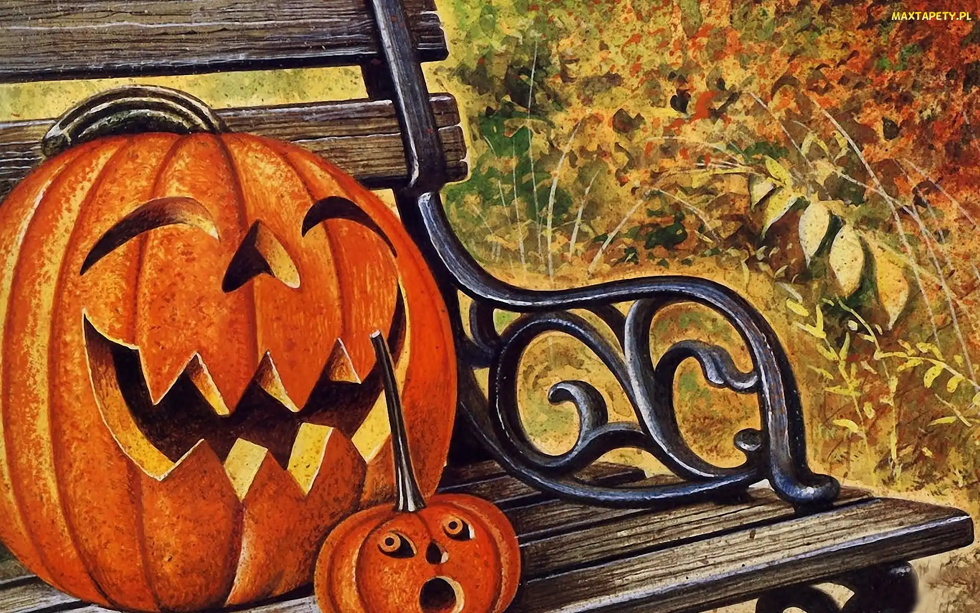 Ławka, Dynie, Halloween, Rysunek