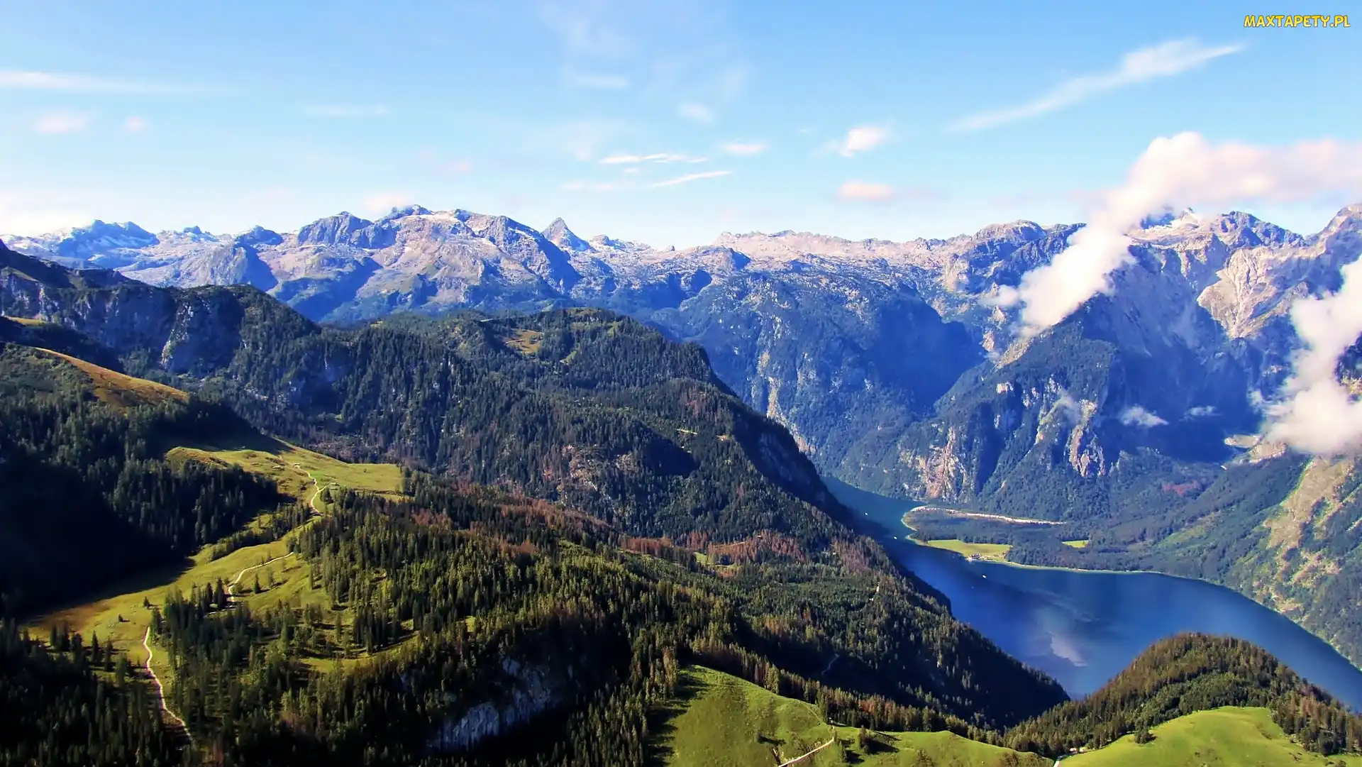 Lasy, Chmury, Góry, Koenigssee, Cień, Jezioro, Bawaria, Światło
