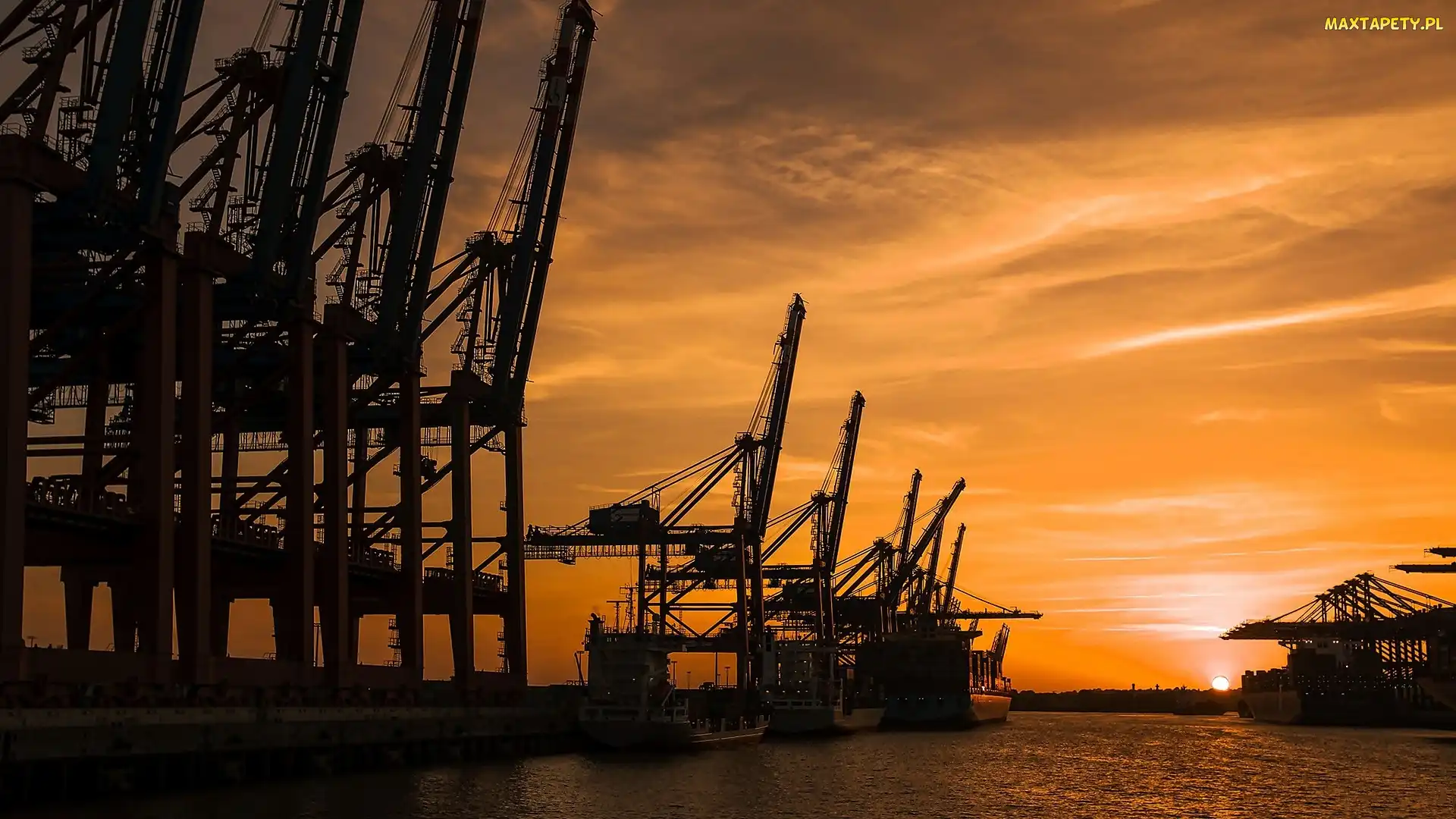 Słońca, Zachód, Port, Dźwigi