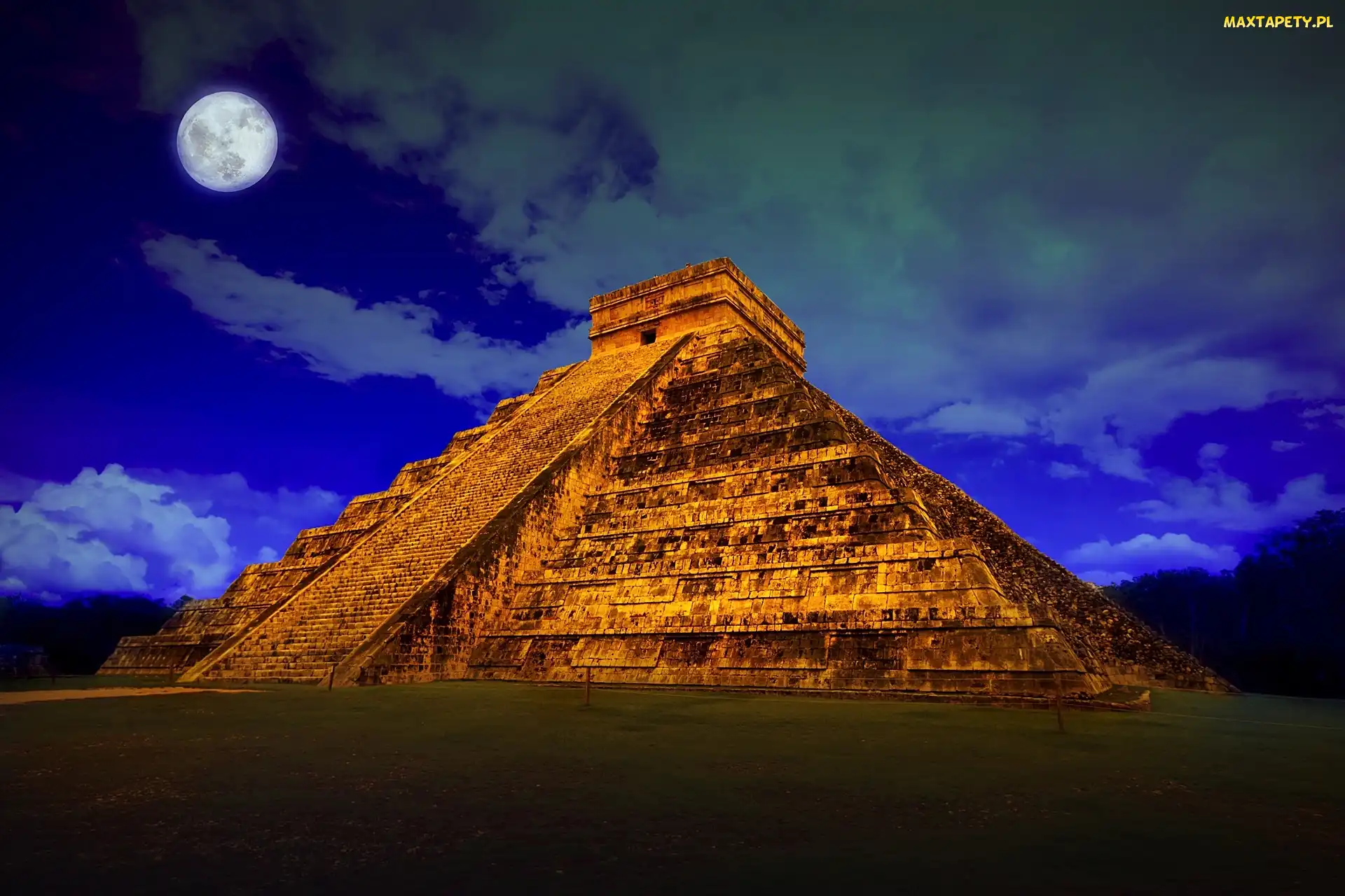 Świątynia, Chichén Itzá, Meksyk, Chmury, Księżyc, Kukulkana, Niebo, Piramida