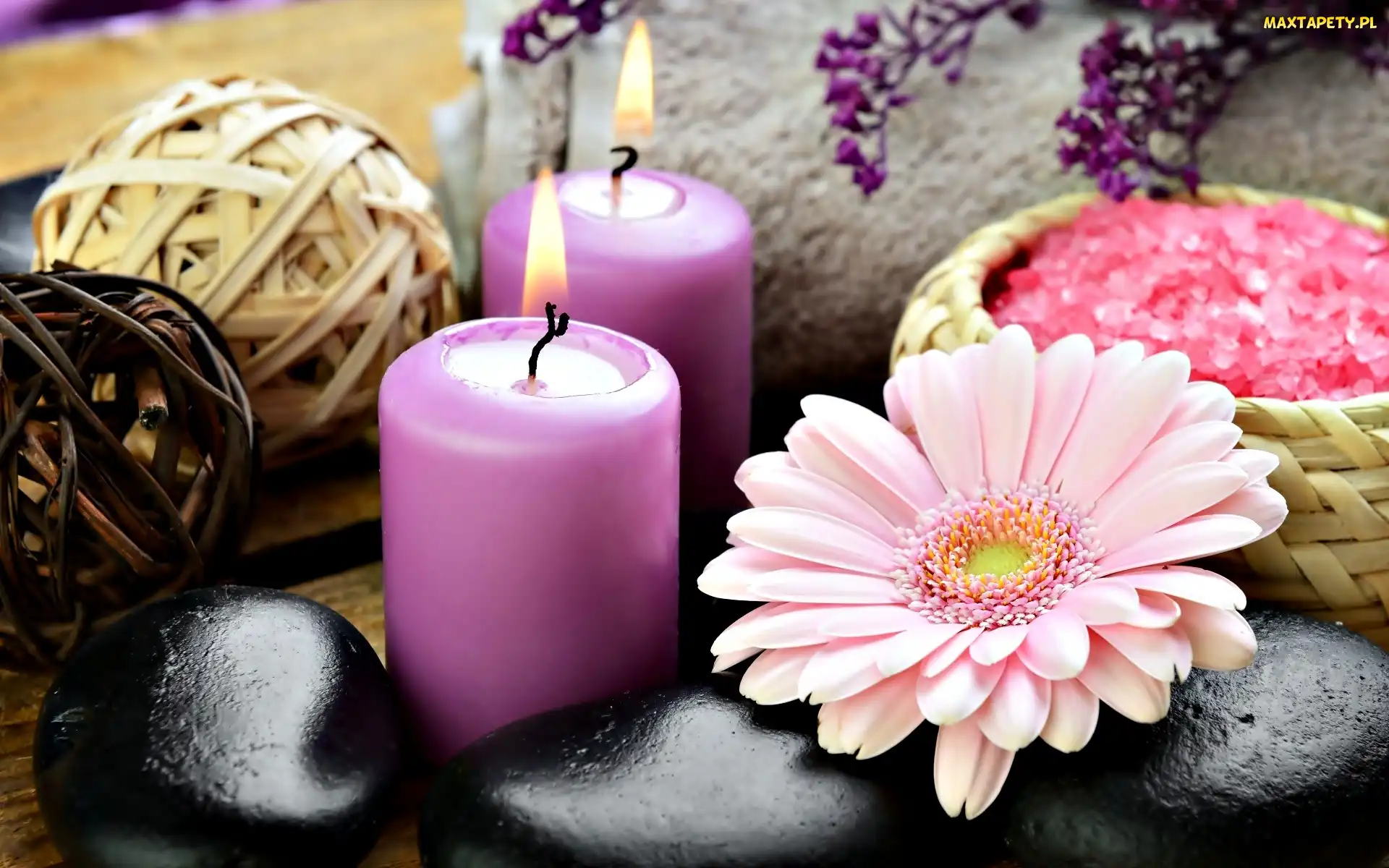 Spa, Kompozycja, Kamienie, Morska, Świece, Gerbera, Sól