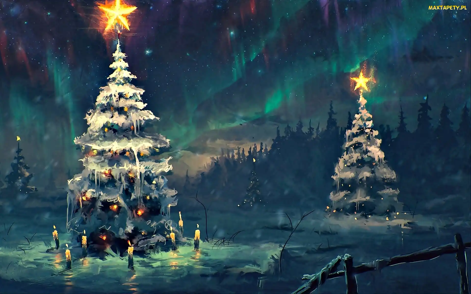 Zima, Fantasy, Noc, Choinki, Zorza Polarna