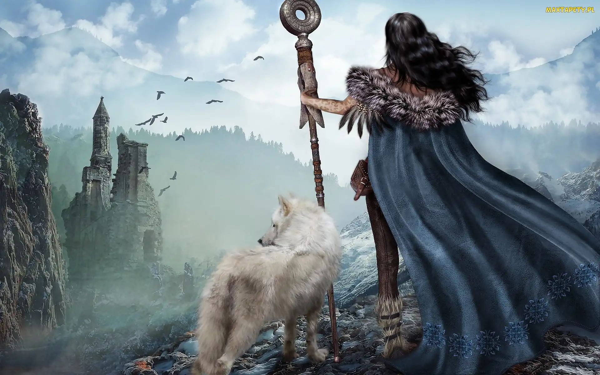 Fantasy, Dziewczyna, Ruiny, Wilk, Góry, Biały