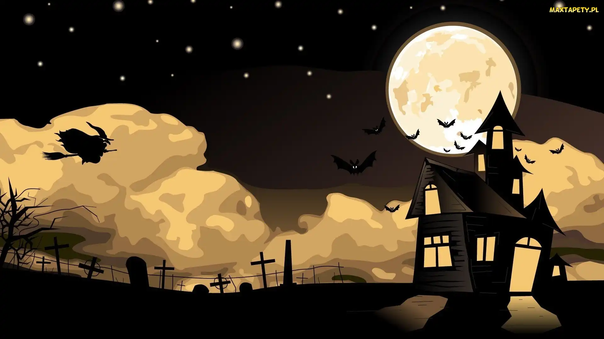 Noc, Cmentarz, Dom, Halloween, Księżyc, Czarownica