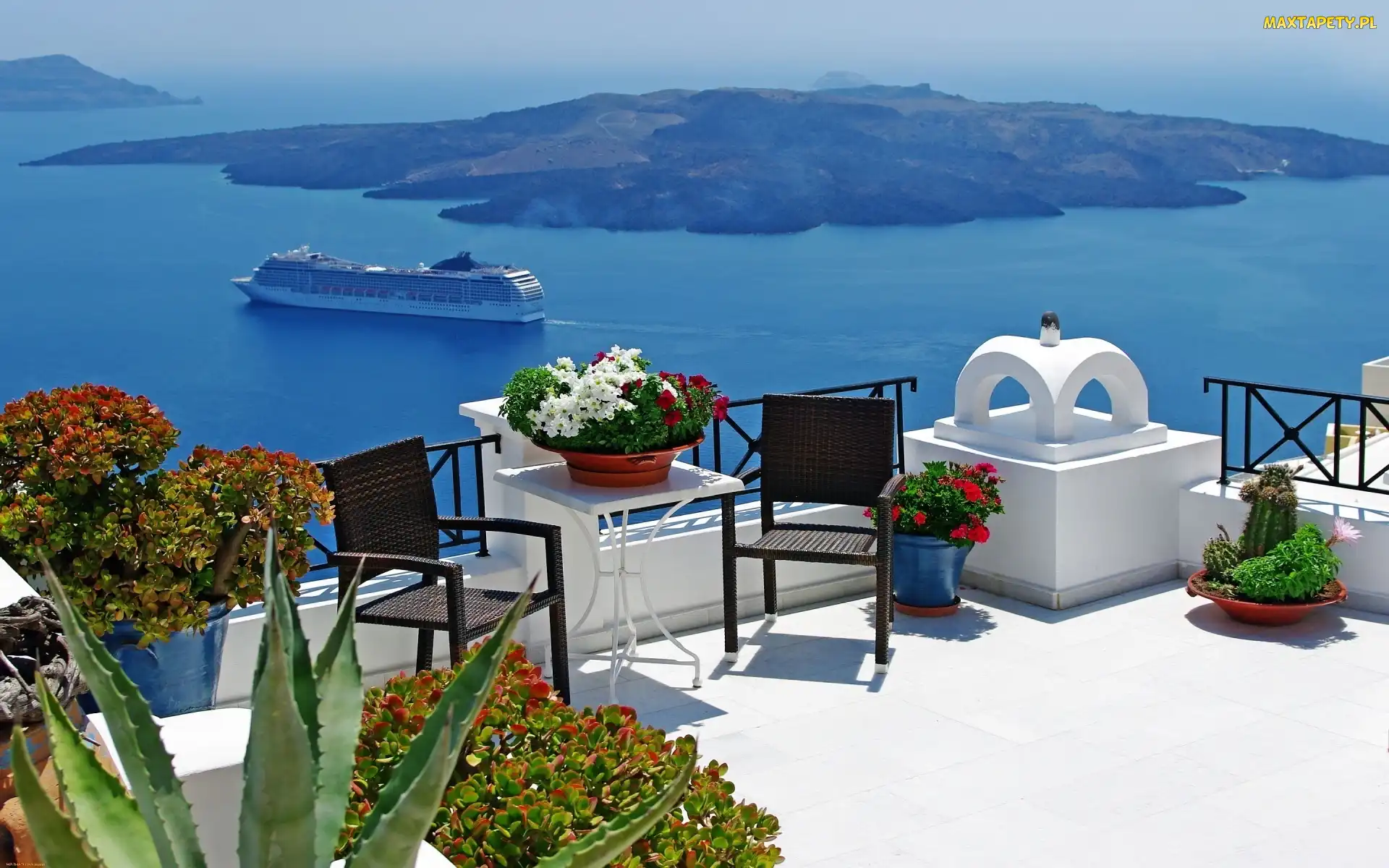 Prom, Grecja, Taras, Dom, Morze, Santorini