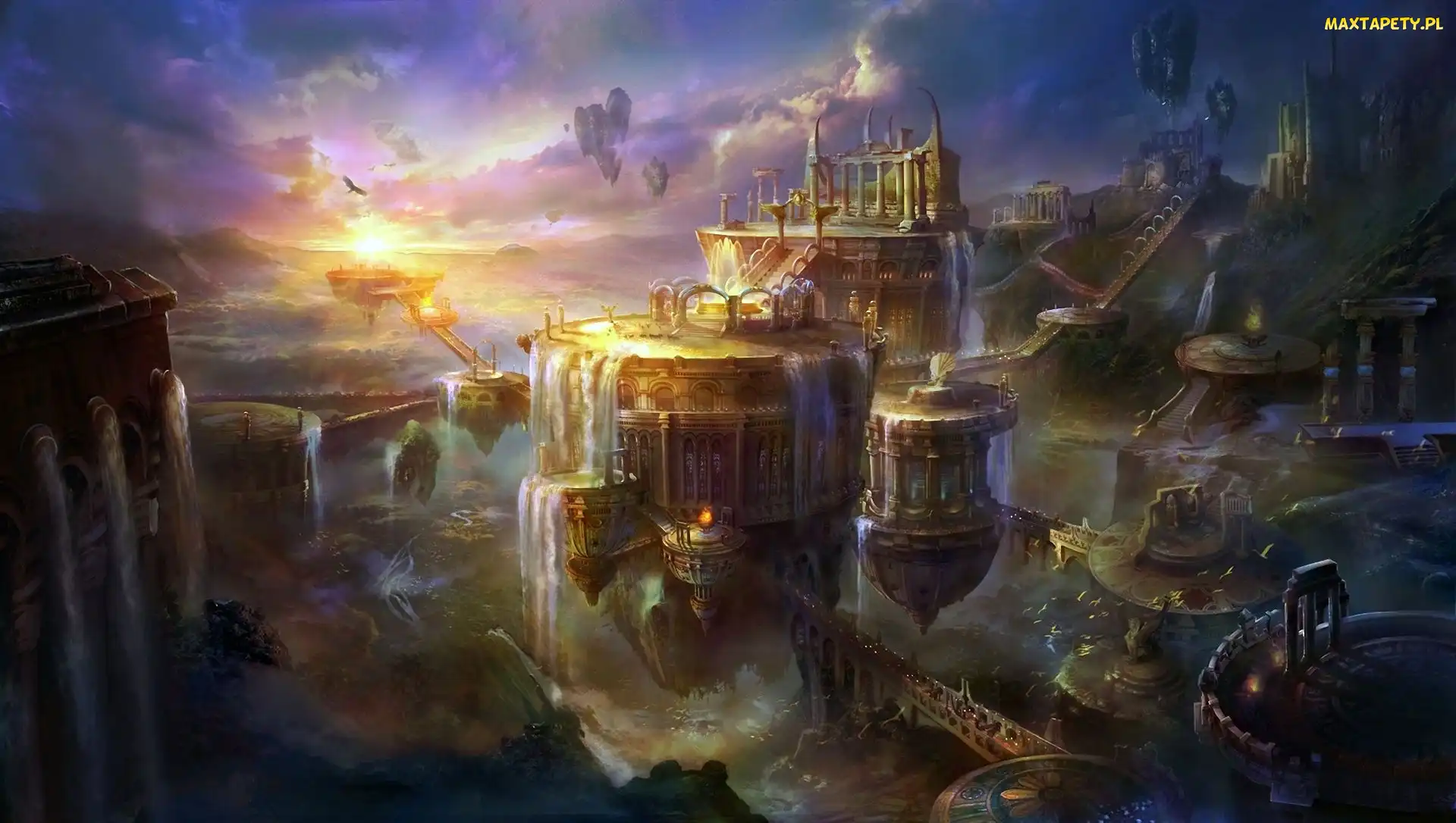 Słońce, Zachód, Fantasy, Miasto, Budowle, Wodospad