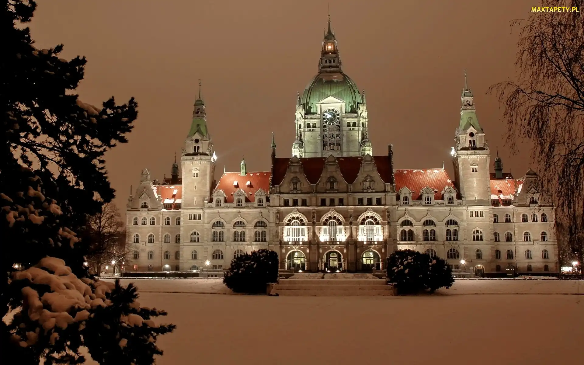 Noc, Zima, Hanower, Nowy Ratusz, Hannover, Niemcy